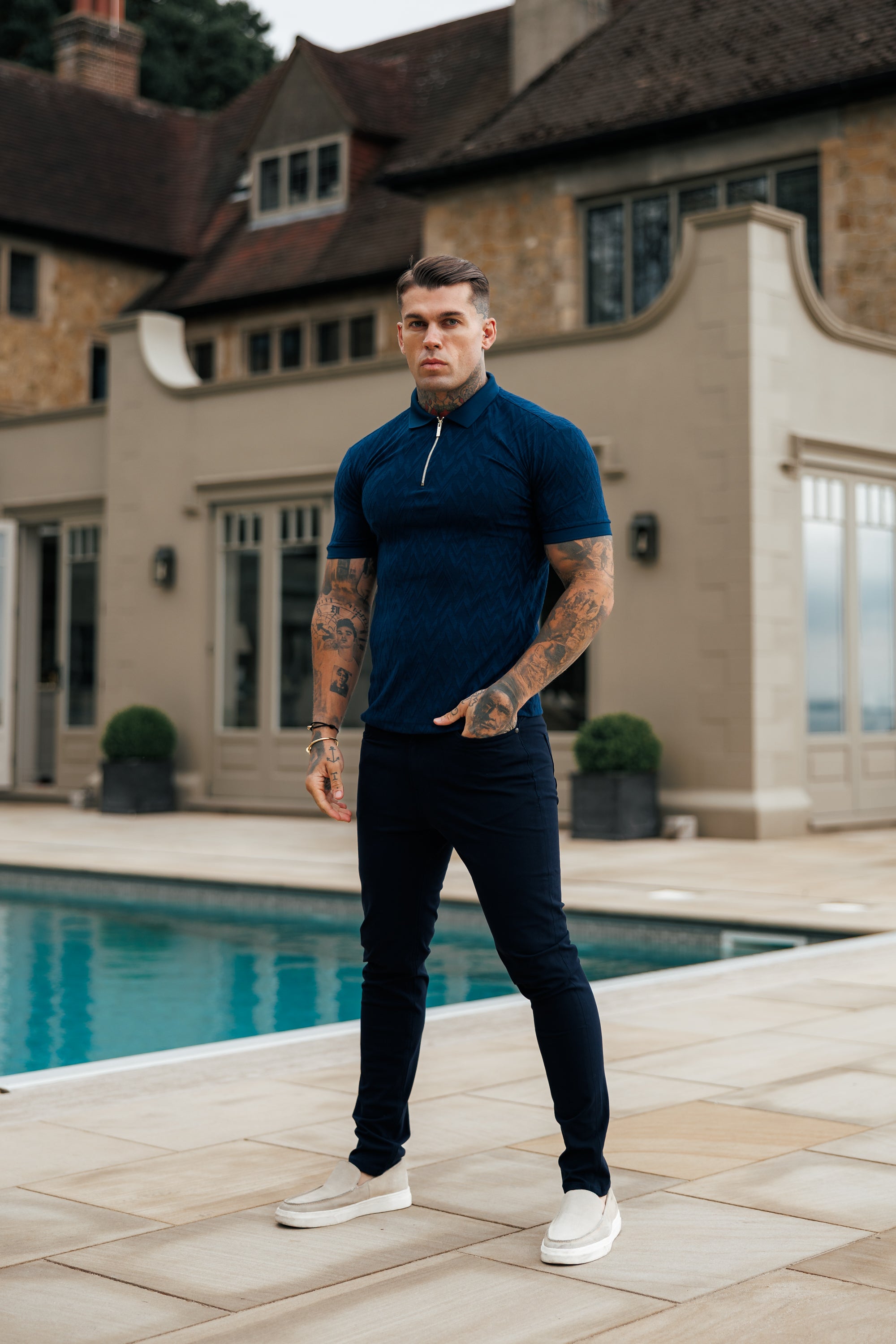 Classic Jacquard Navy Chevron Zipped Polo - FSR021