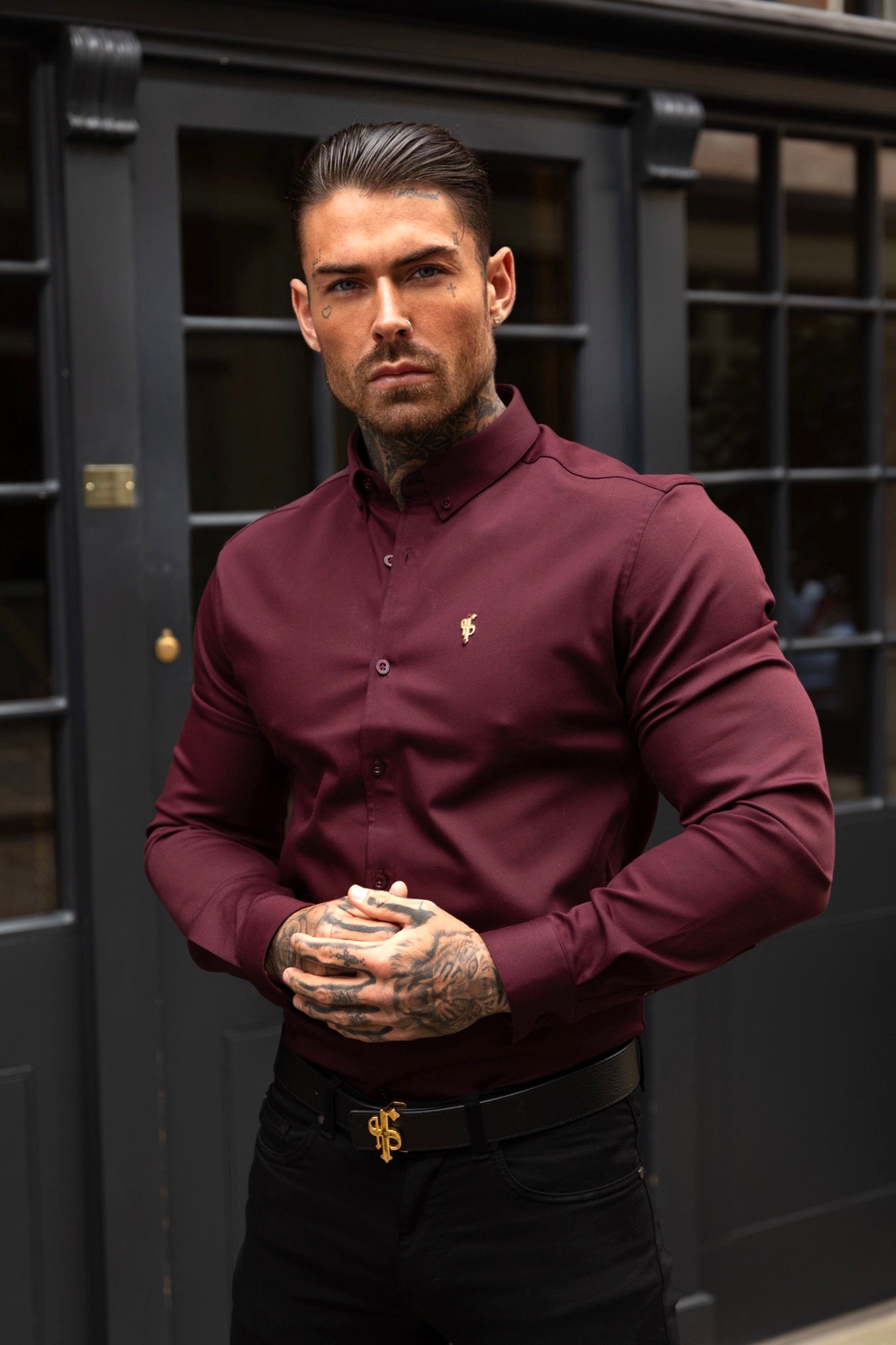 Super Slim Stretch Burgundy Denim Long Sleeve with Gold Metal Decal and Button Down Collar - FS1046