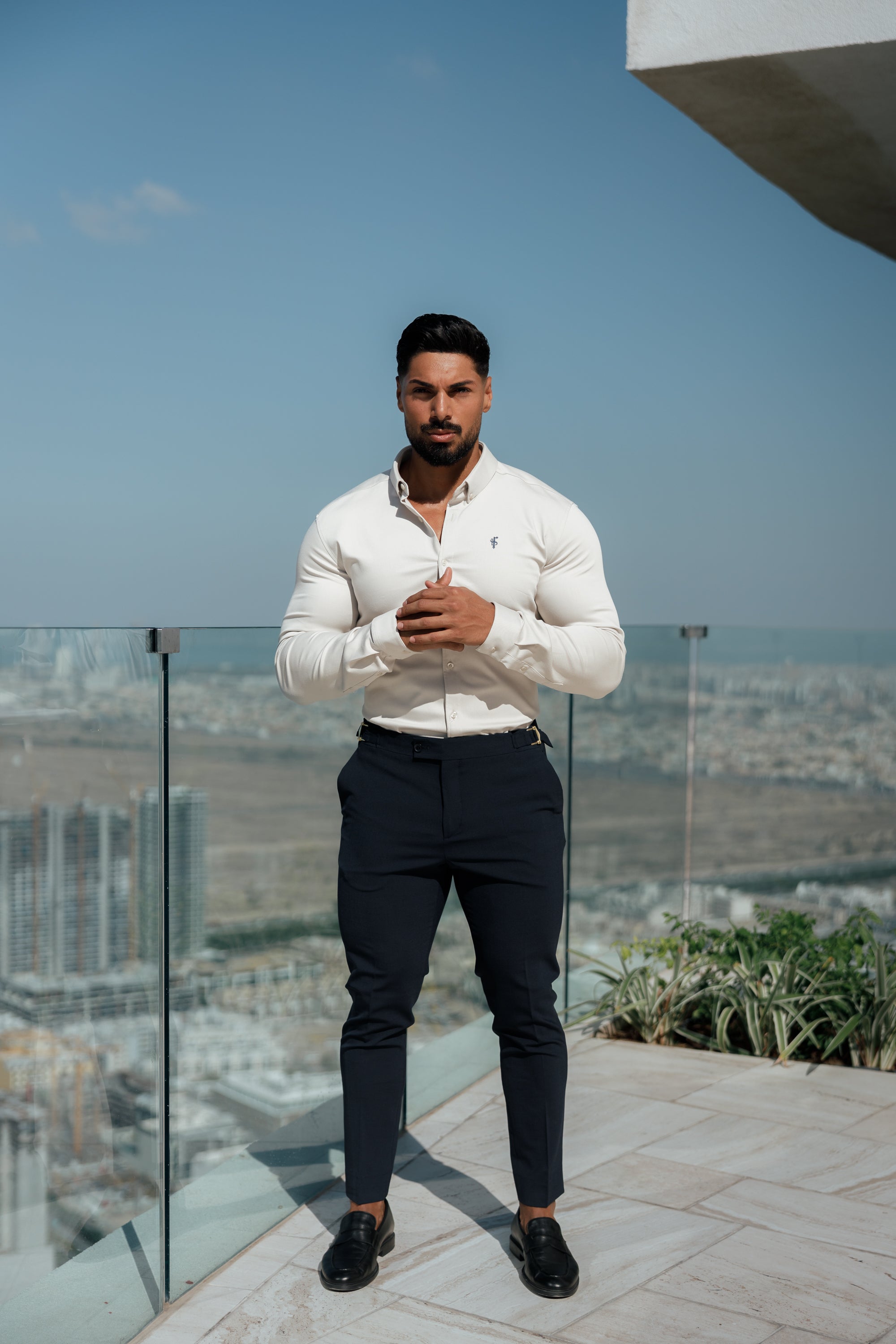 Super Slim Stretch Oatmeal Denim Long Sleeve With Button Down Collar - FS1024