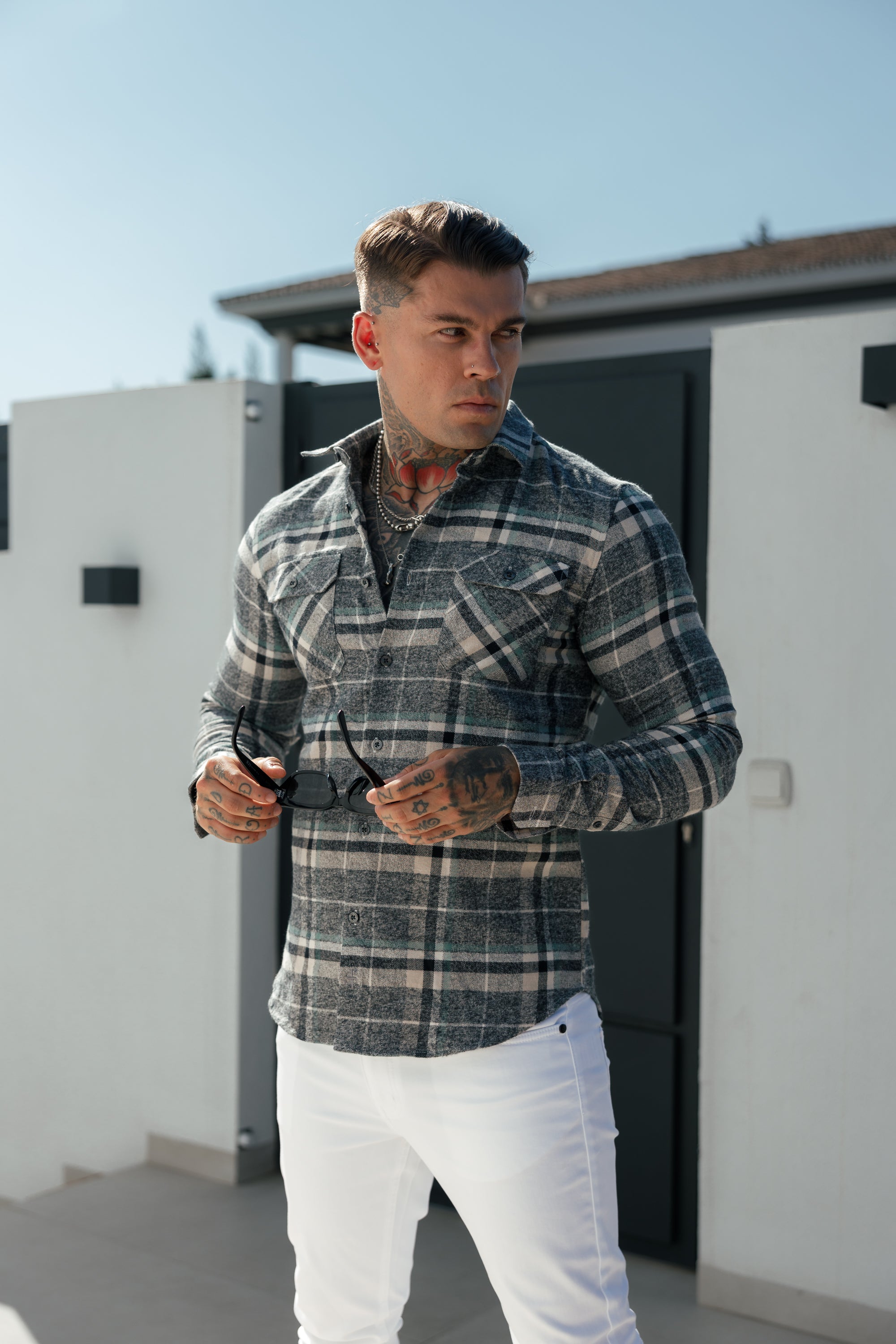 Sage / Grey Check Shacket With Double Pockets - FS1075