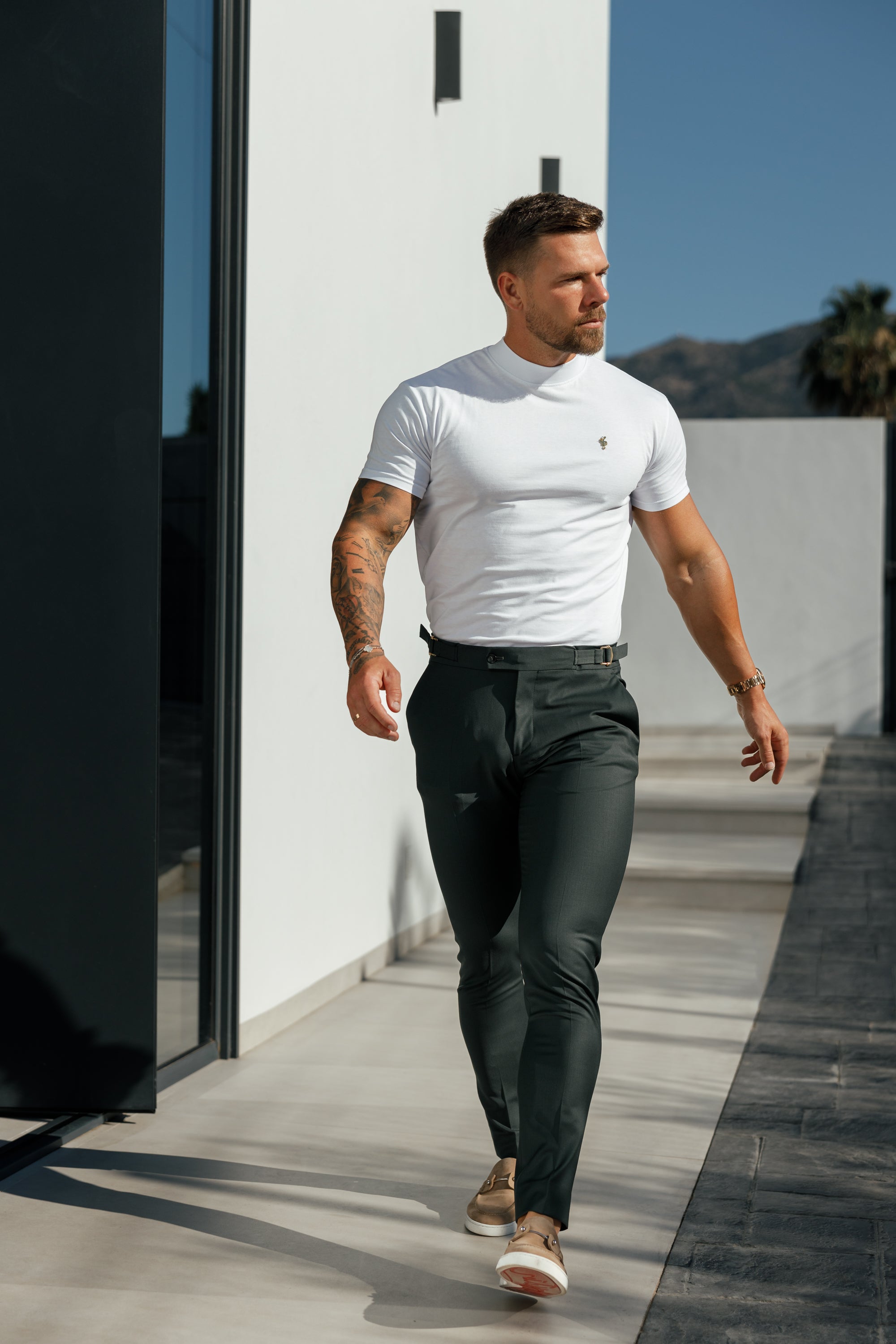 Ribbed High Neck Crew Short Sleeve White / Gold  - FSH1006