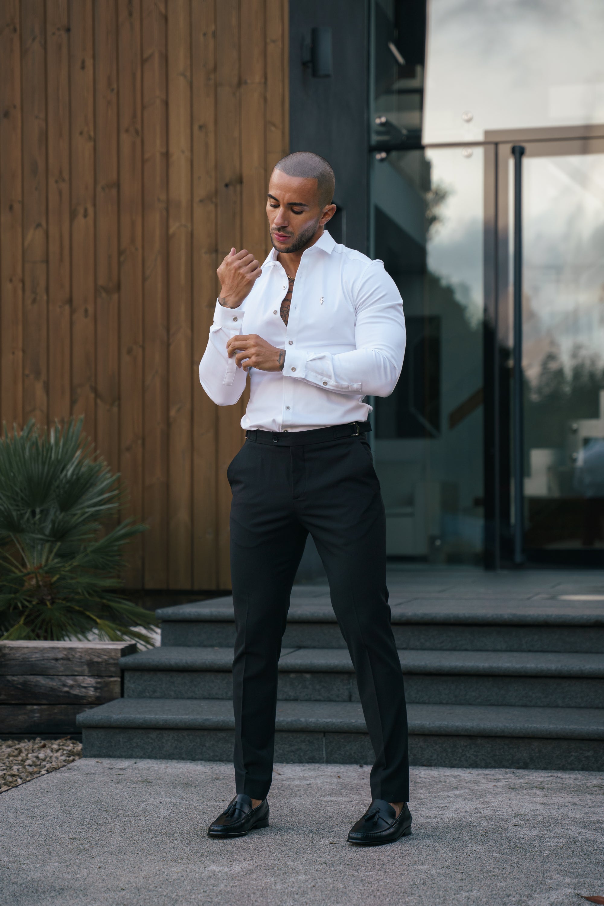 Super Slim Stretch White Denim Long Sleeve with Silver Metal Decal and Buttons - FS1111