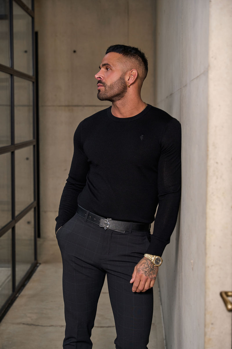 Father Sons Classic Navy Roll Neck Merino Wool Knitted Sweater With FS Embroidery - FSN011