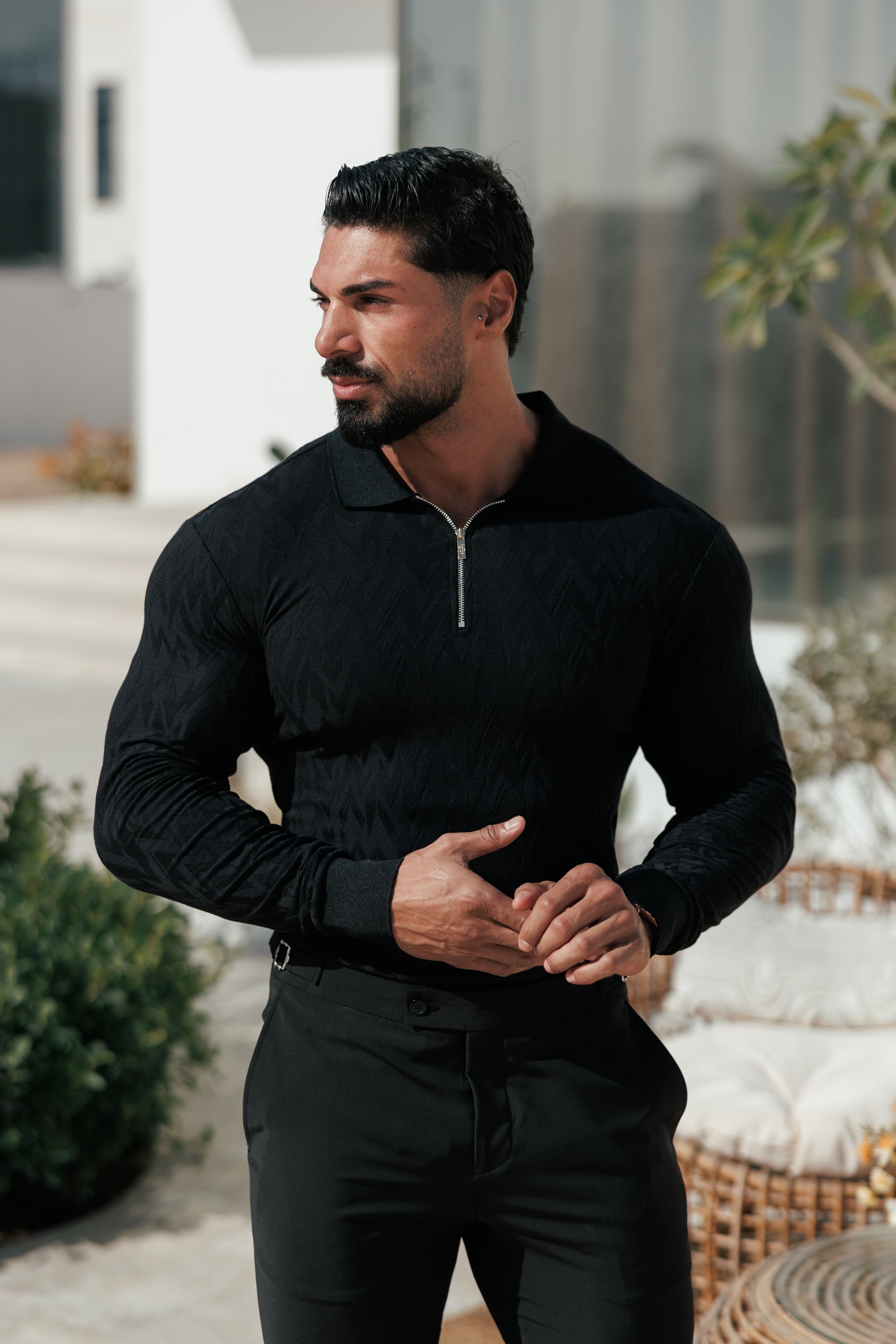 Classic Jacquard Black Chevron Zipped Polo Long Sleeve - FSR043