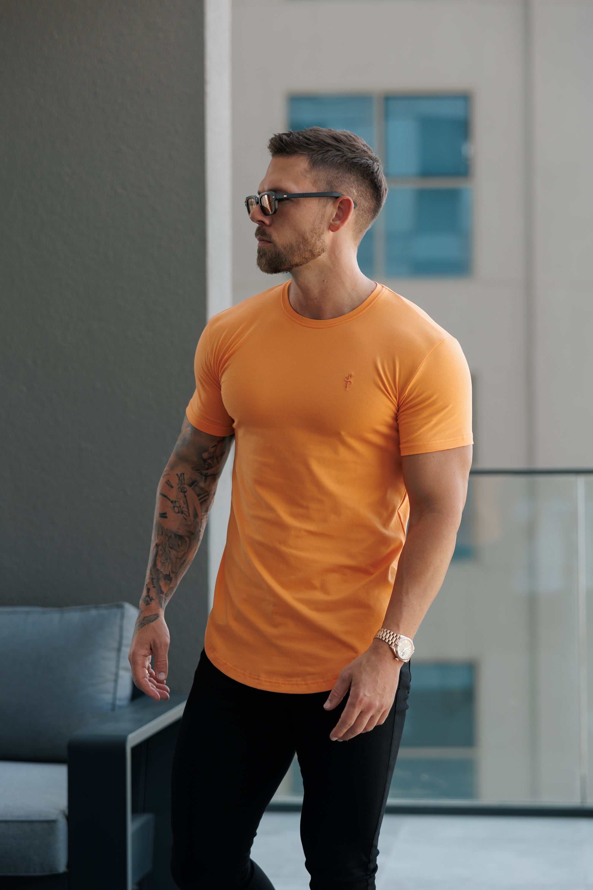 Classic Orange Tonal Curved Hem Crew T Shirt - FSH1152