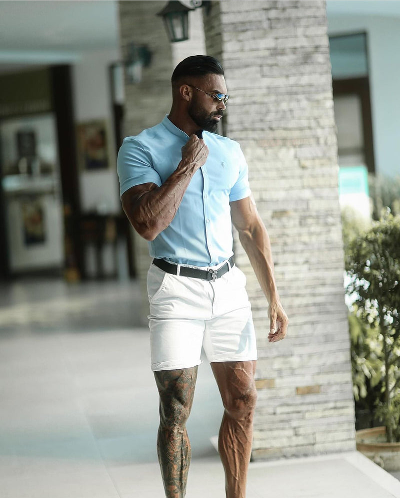 Father Sons Super Slim Scuba Light Blue Short Sleeve Stretch With Grandad Collar Shirt - FS1003