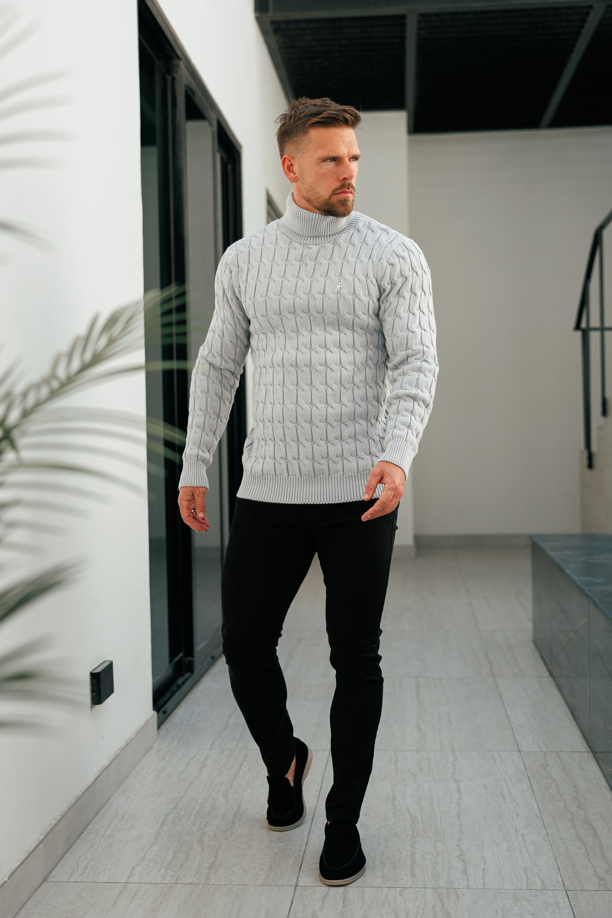 Link Weave Knit Cop Grey Roll Neck Jumper - FSJ104