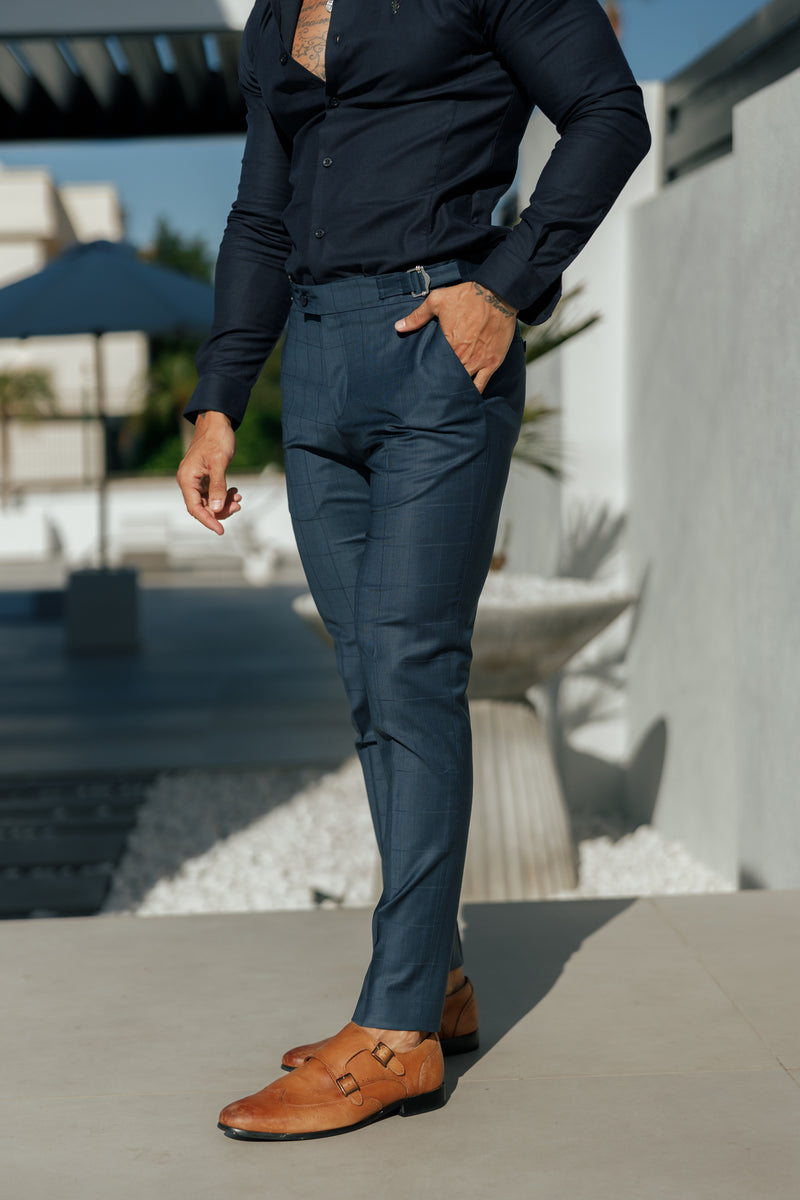 Father Sons Slim Formal Navy Self Check Stretch Pants with Side Adjusters - FST030