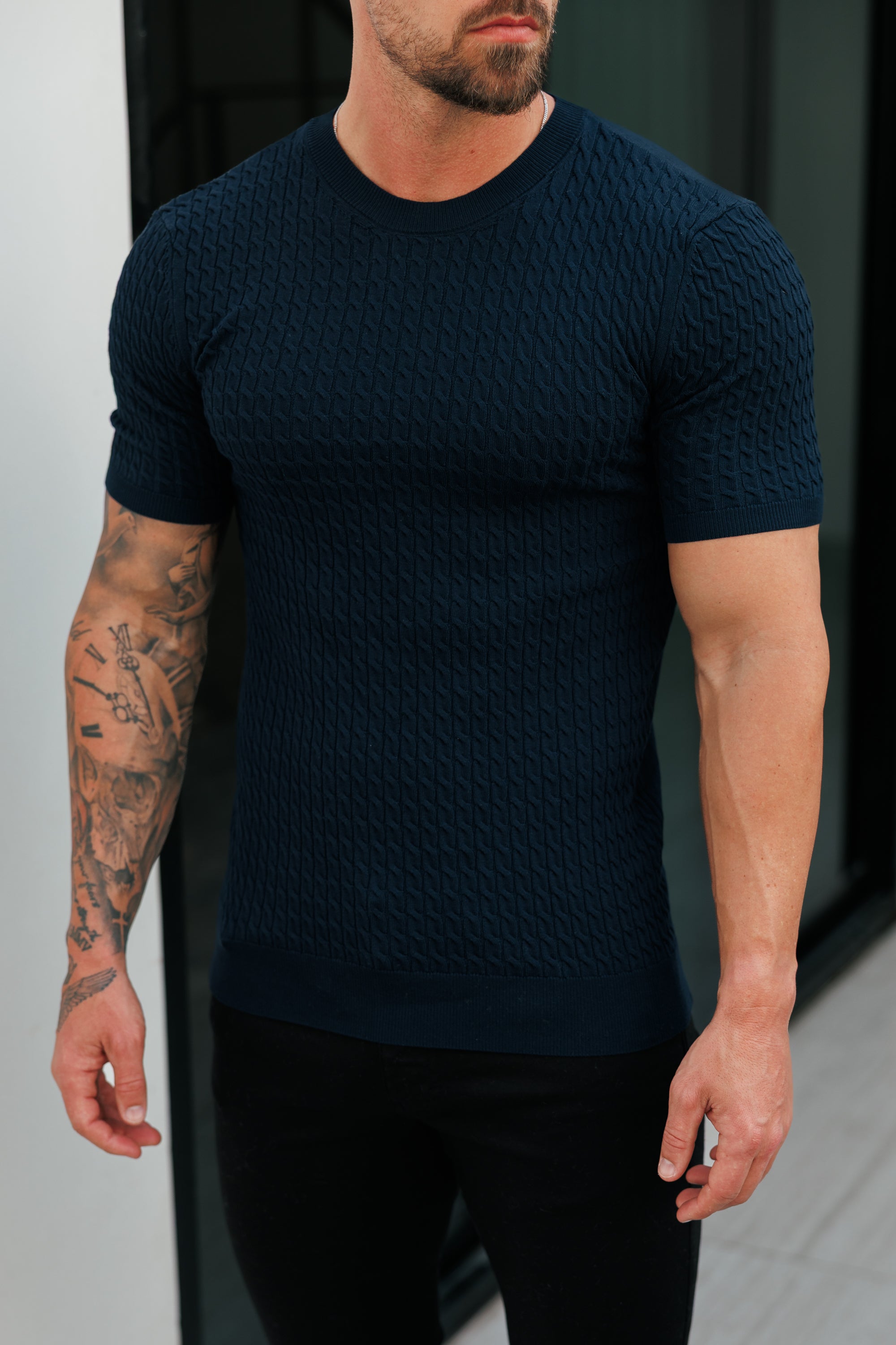 Front Chain Knit Crew Tshirt Navy Short Sleeve  -  FSR054