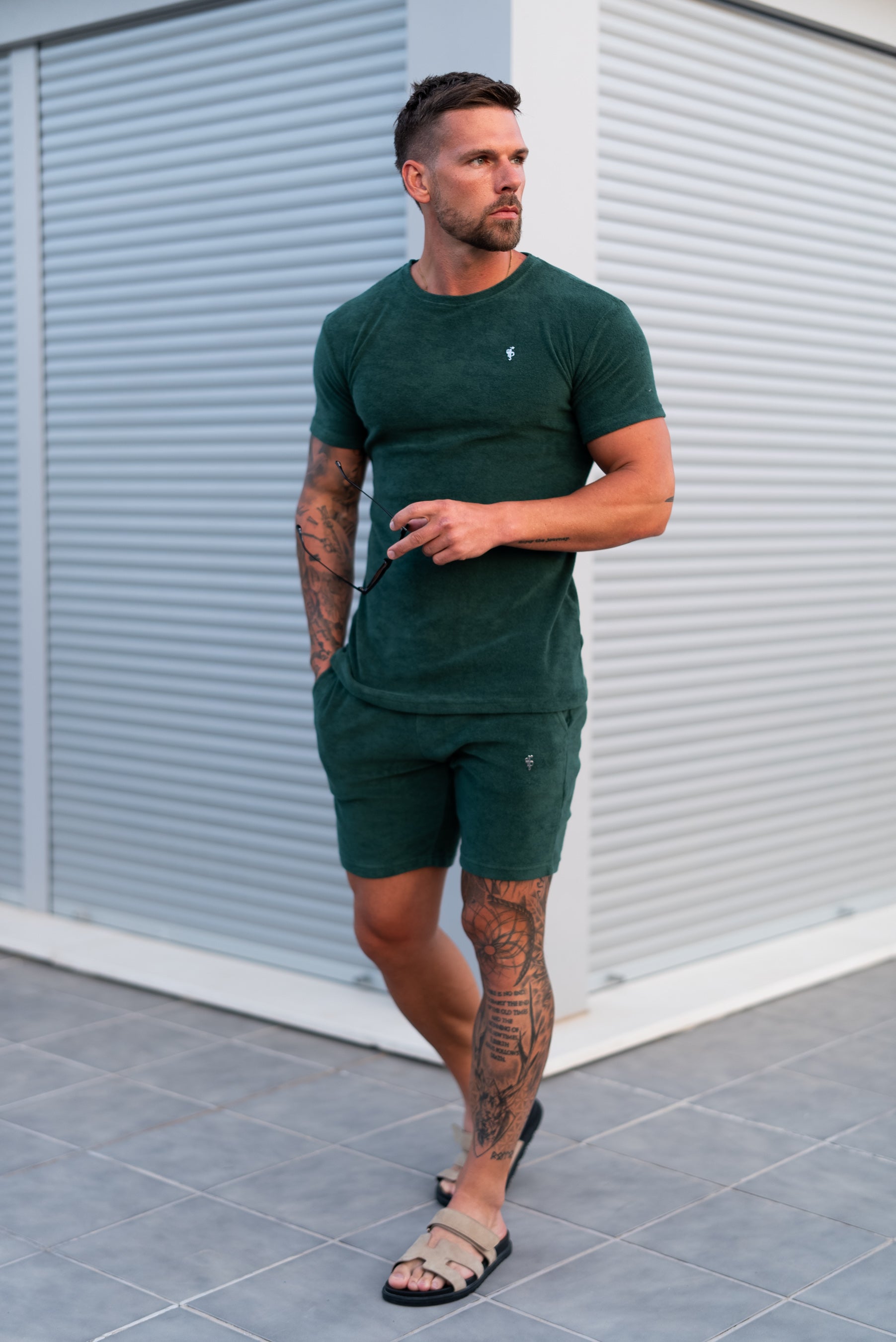 Forest Green / Silver Towelling Crew T Shirt - FSH1347