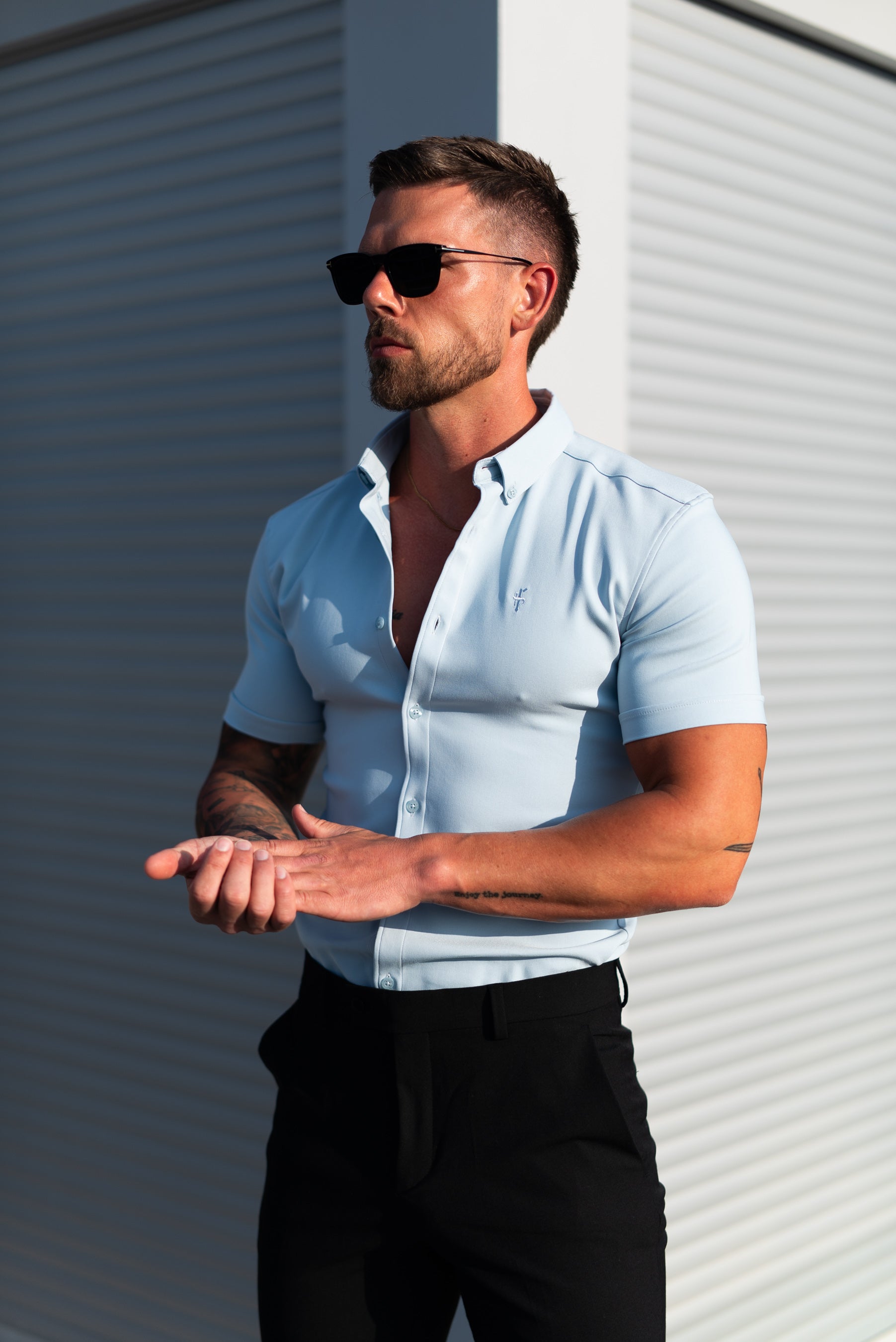 Super Slim SS Powder Blue Scuba with Button Down Collar - FS1121