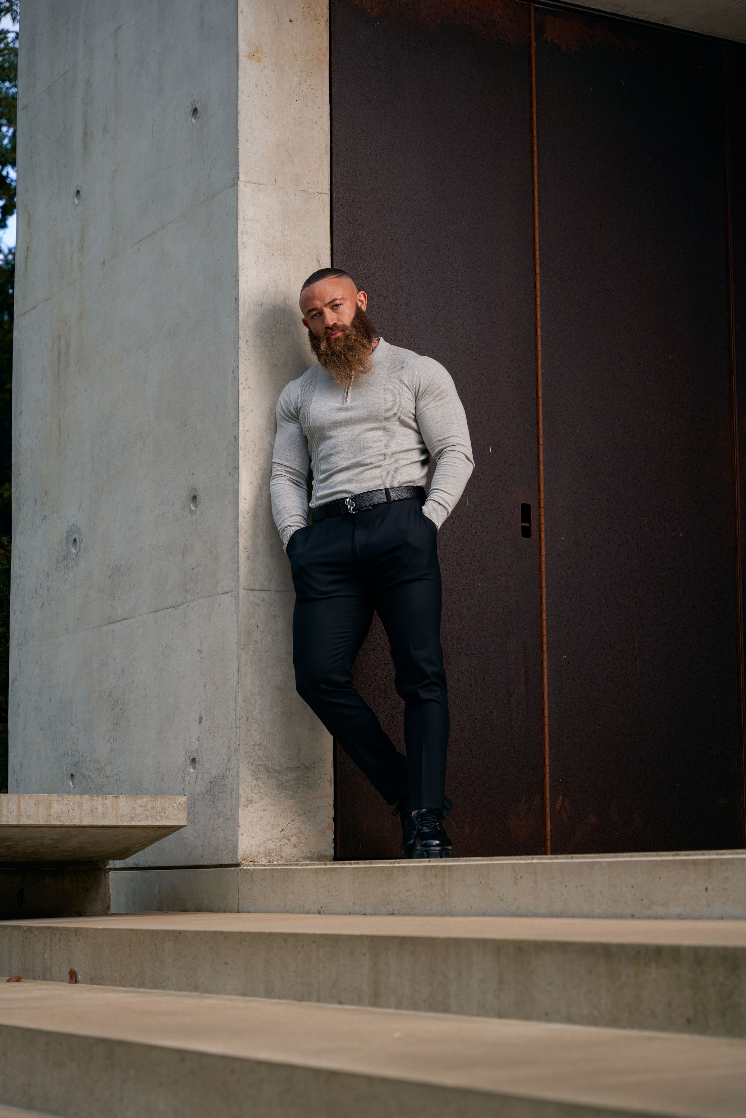 Classic Grey Marl and Silver Zip Knitted Polo Shirt Long Sleeve - FSN127