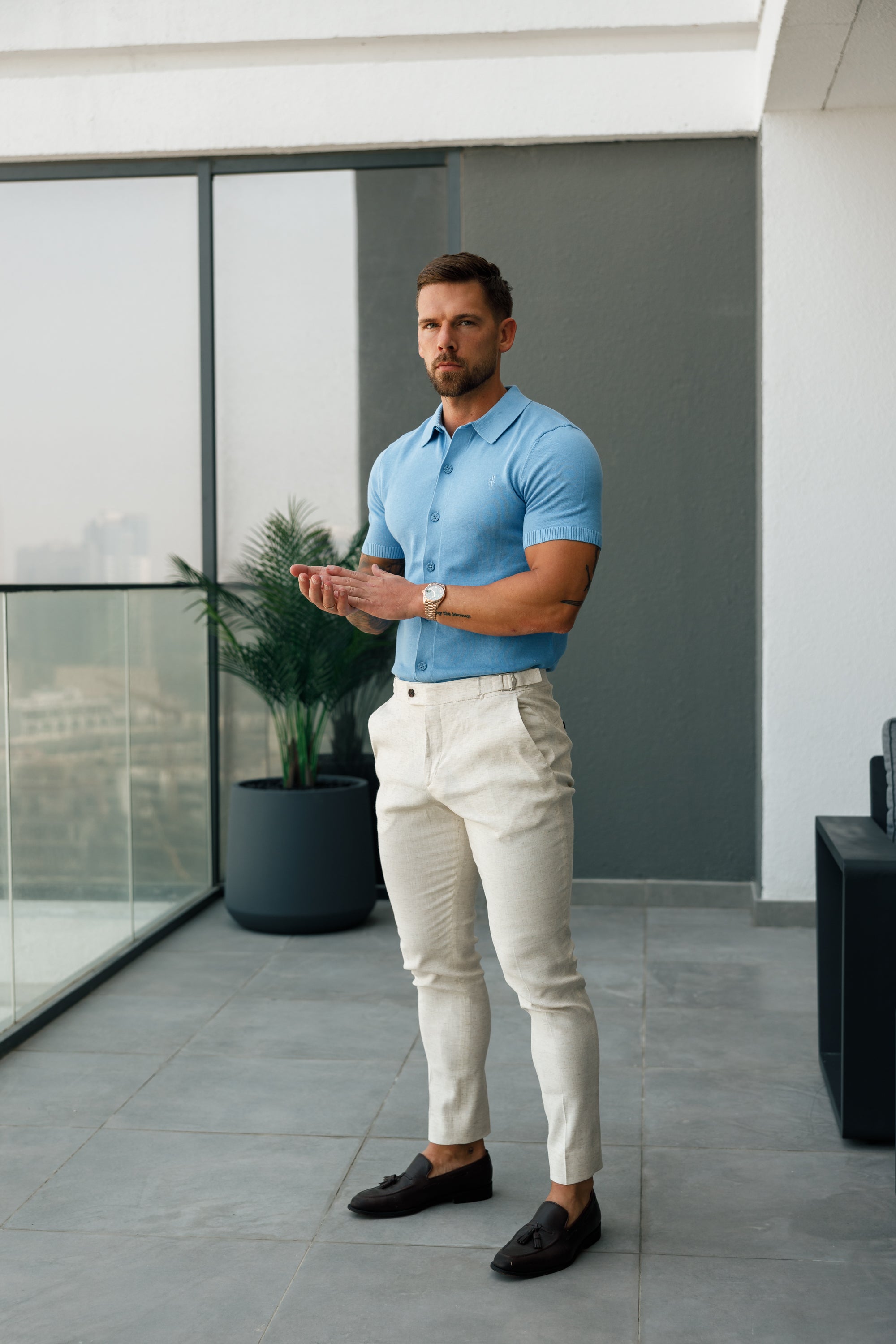 Classic Plain Light Blue Knitted Button Through Polo Short Sleeve - FSN161