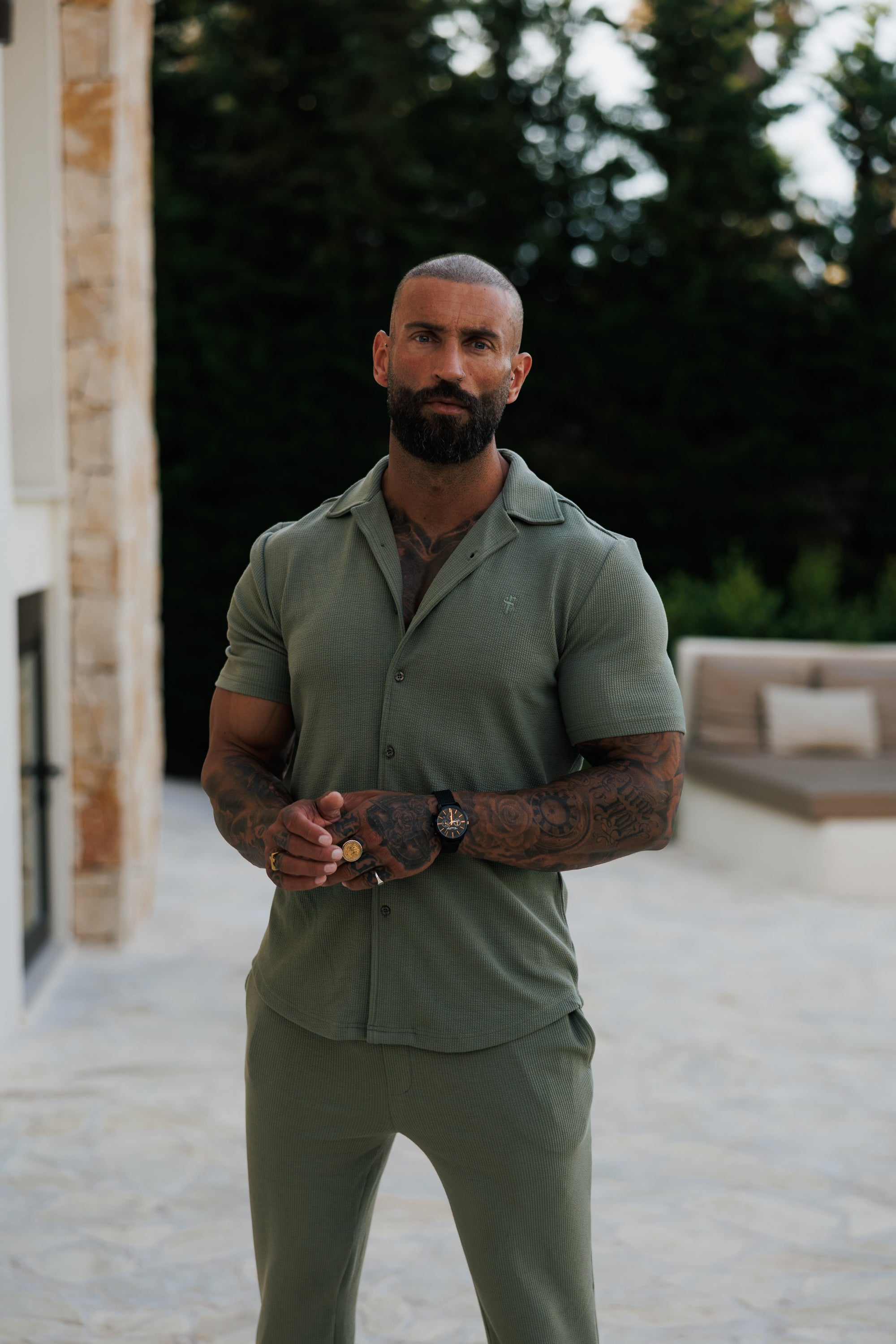 Jersey Cord Stretch Olive Revere Shirt Short Sleeve - FSR072