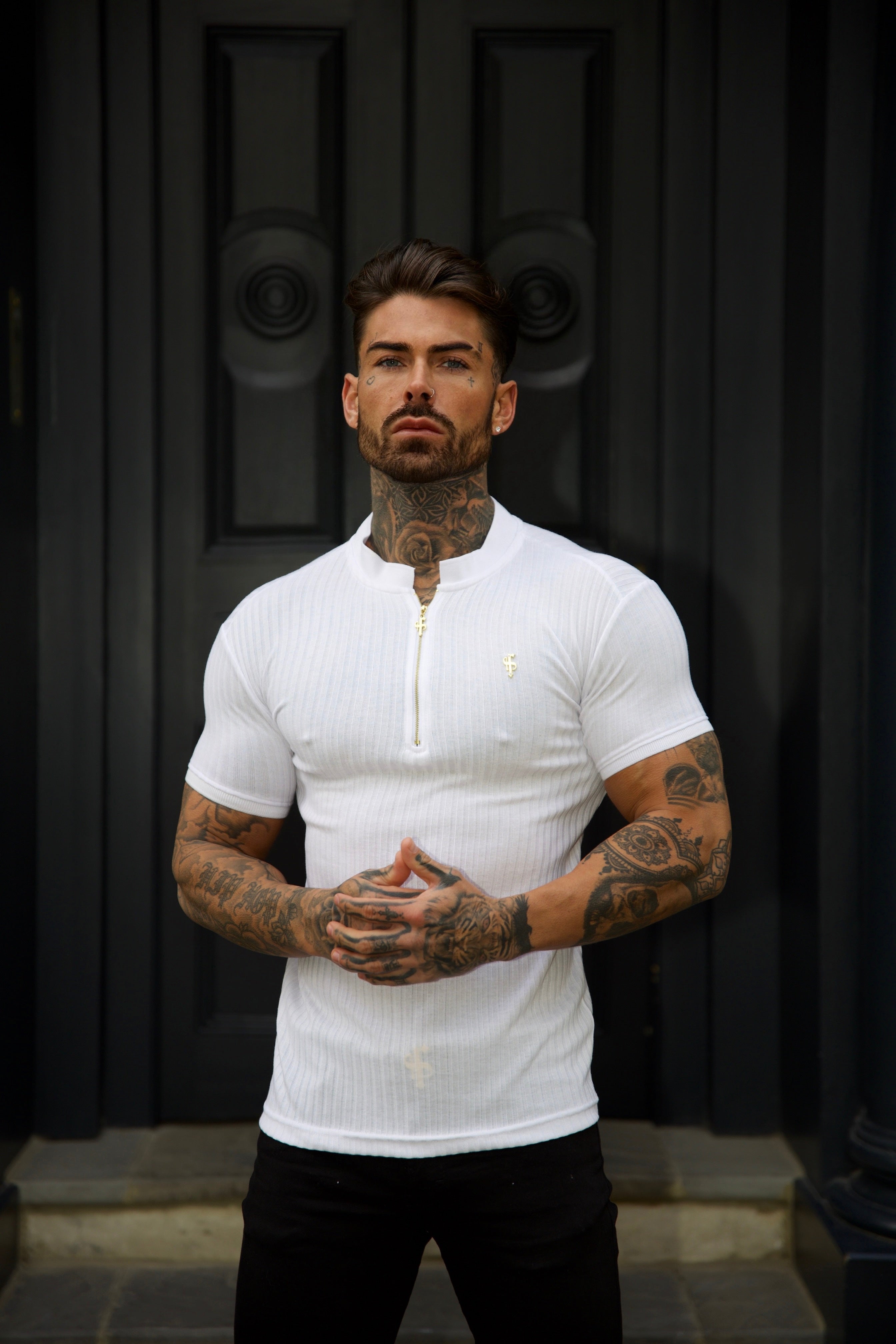 Classic White / White Ribbed Gold Zip Grandad Collar Shirt Short Sleeve - FSH915