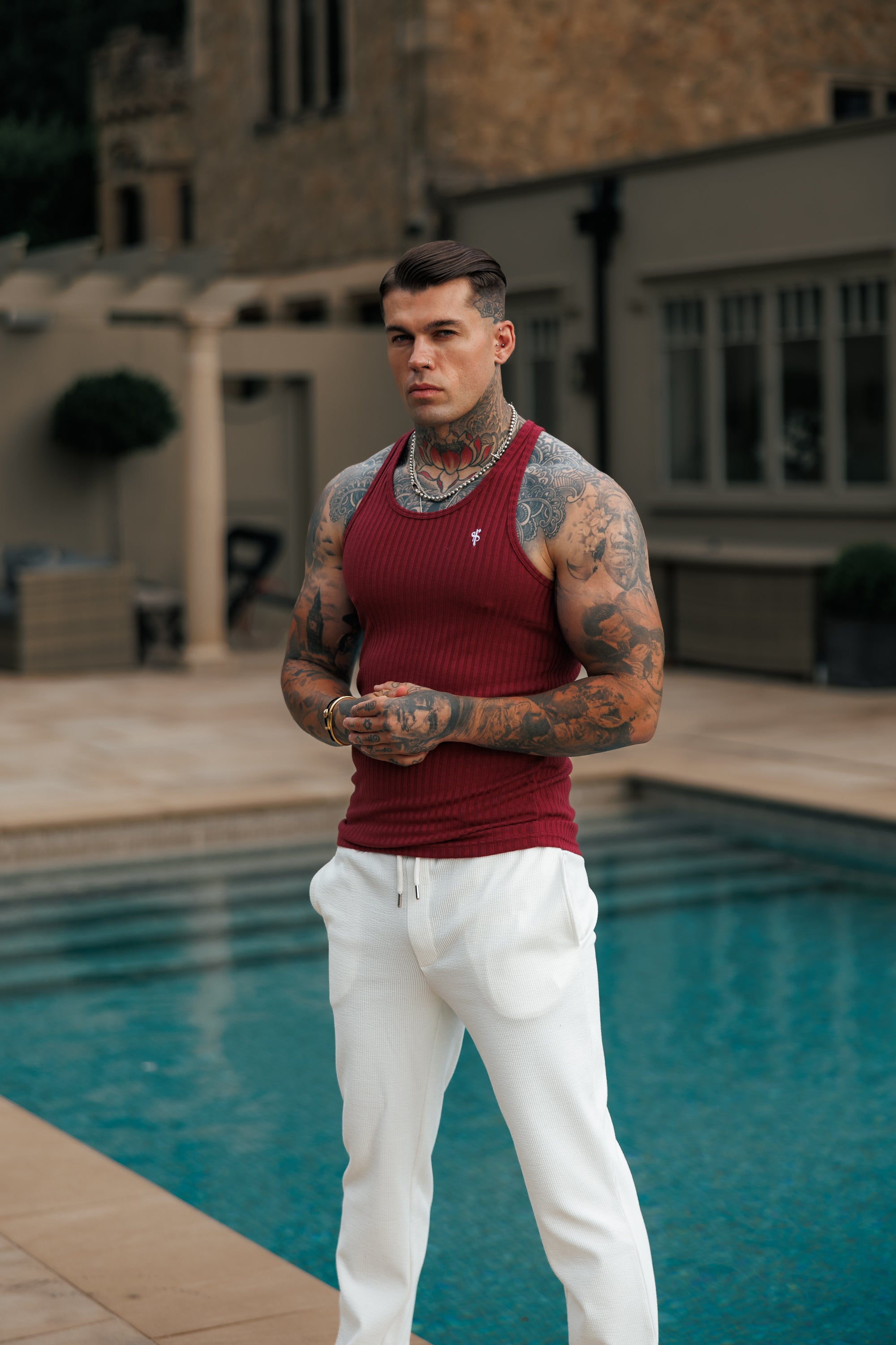 Burgundy / White Ribbed Knit Super Slim Vest - FSH1326