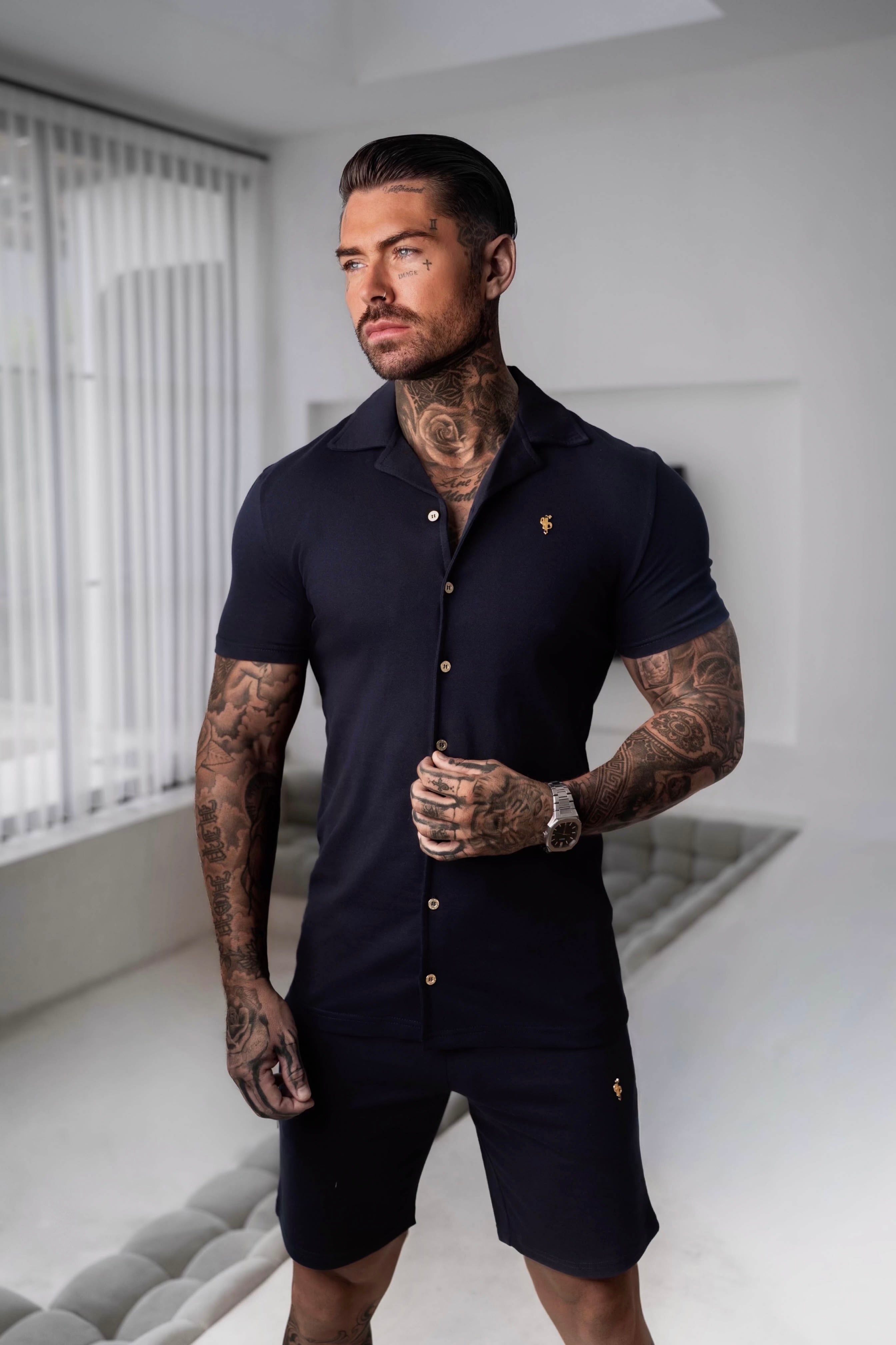Stretch Navy Pique Revere Shirt Short Sleeve - FSH1386