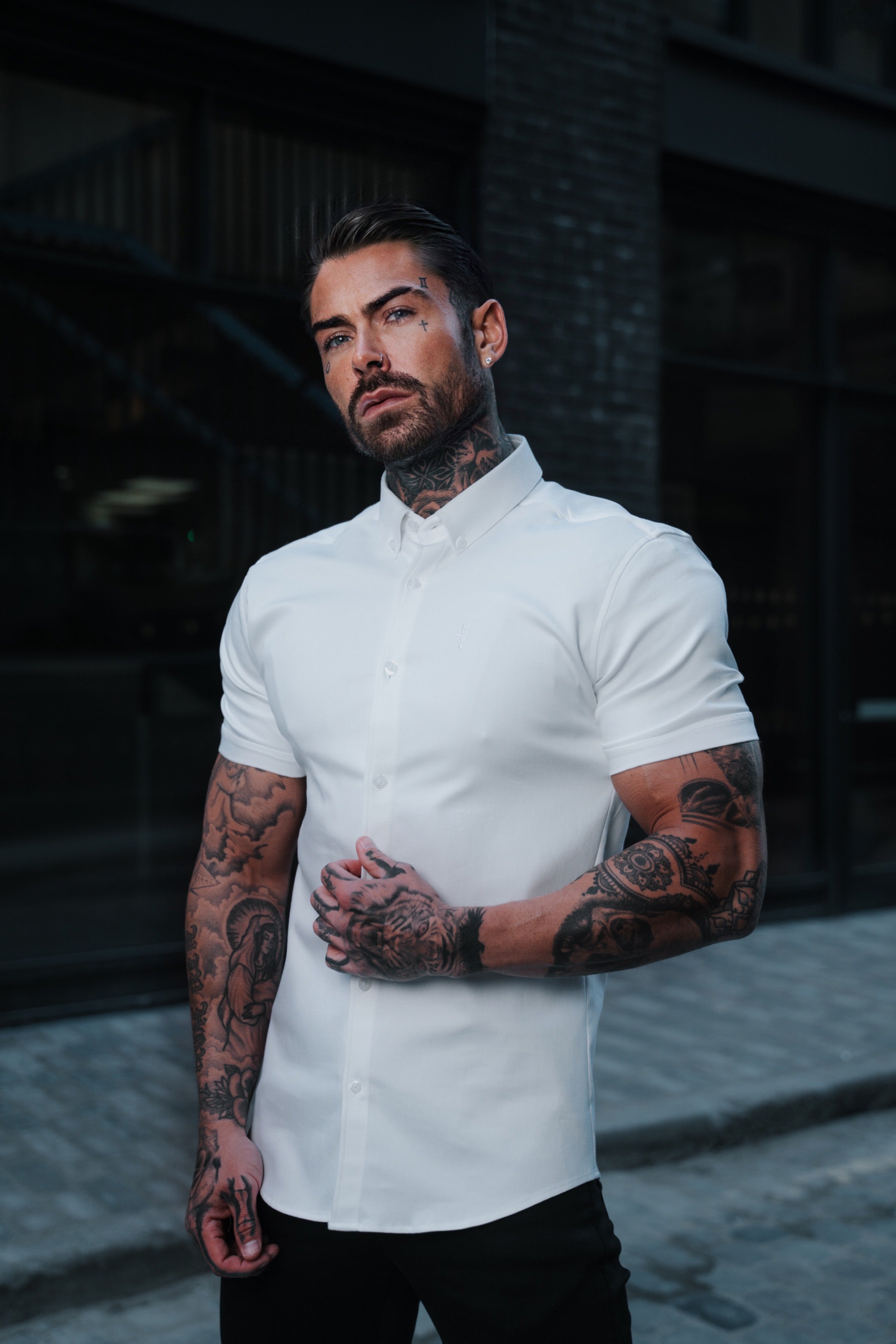 Super Slim Stretch White Denim Short Sleeve - FS598