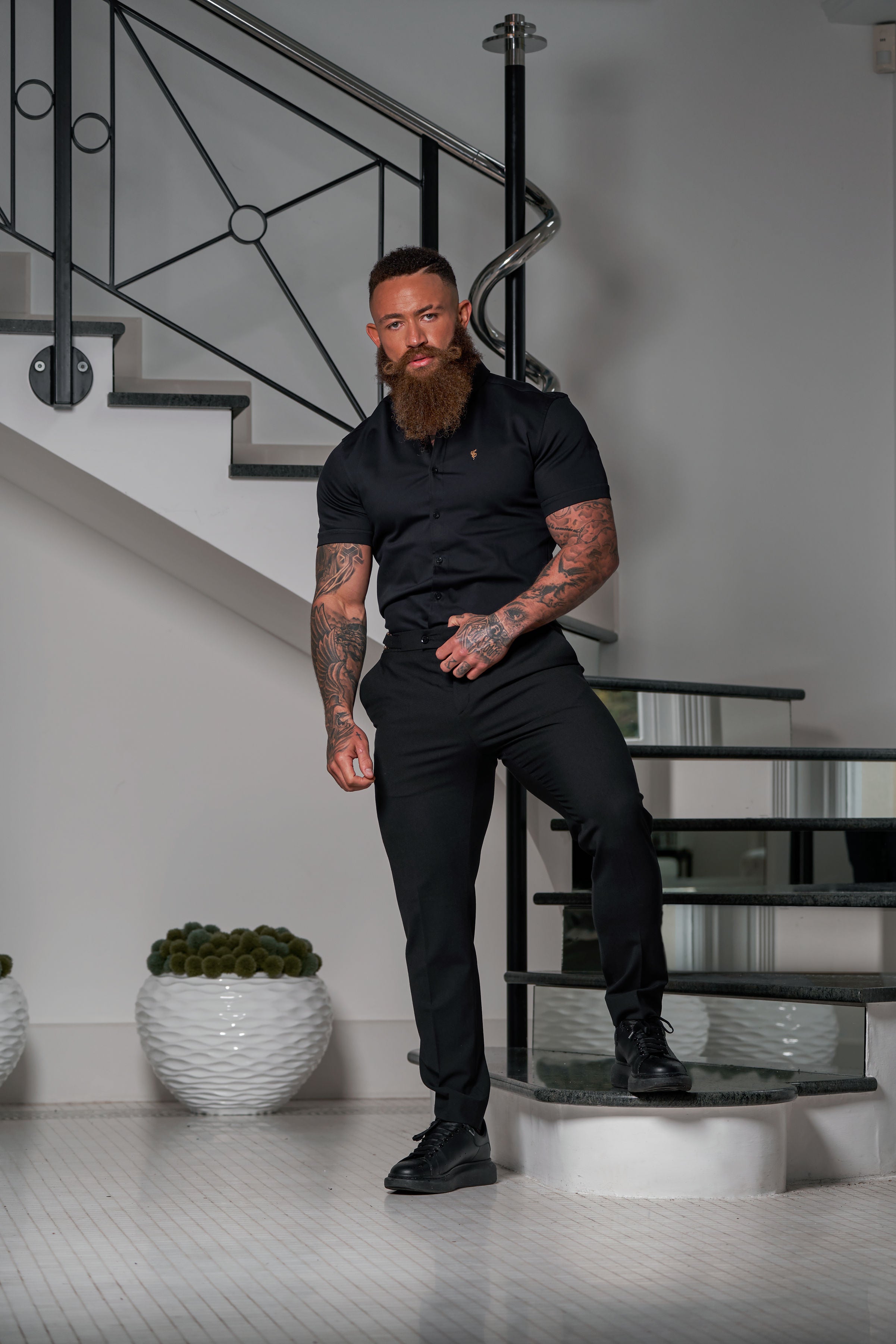 Slim Formal Black Stretch Trousers With Gold Waist Adjusters - FST041