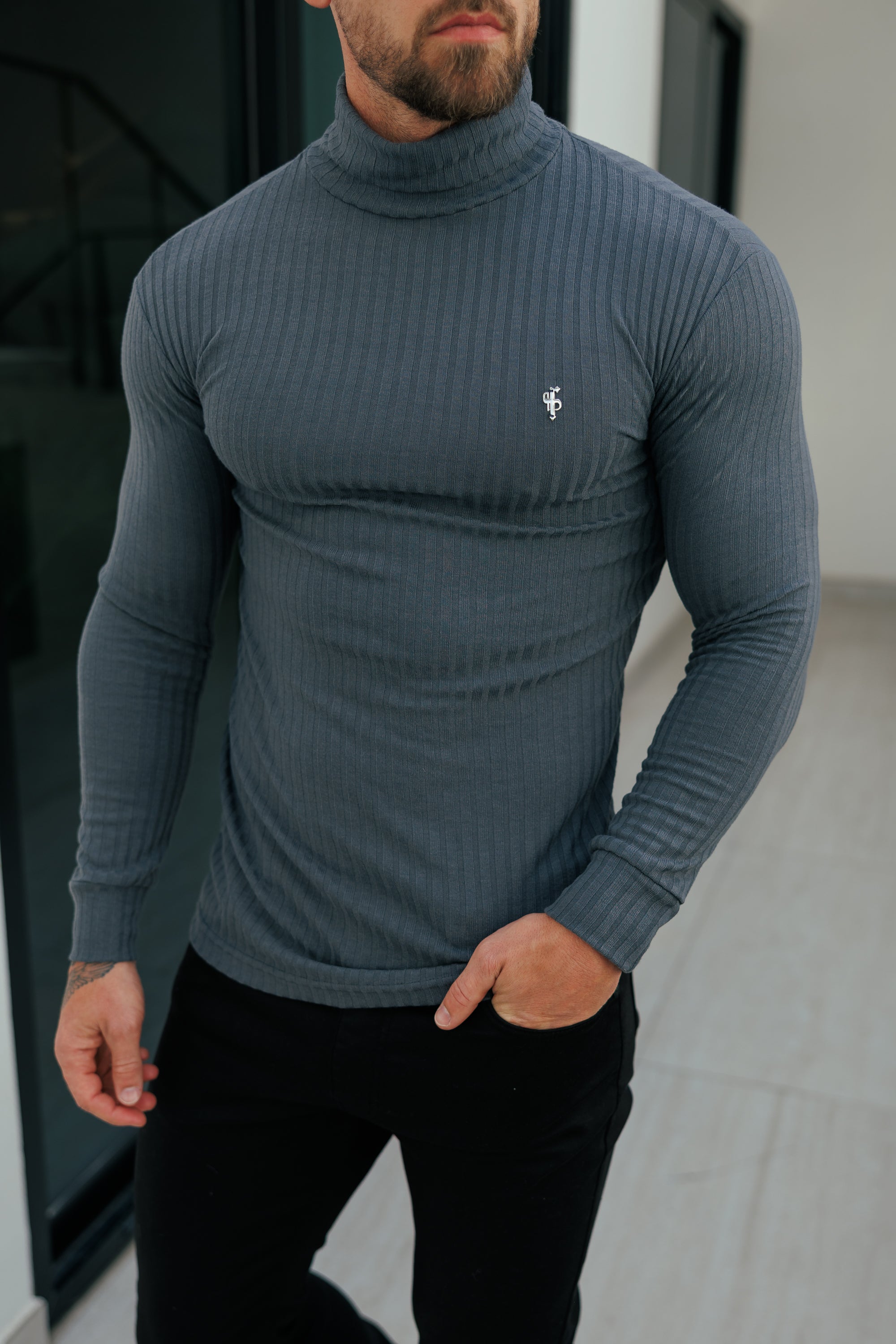 Father Sons Classic Charcoal / Silver Ribbed Knit Roll-neck Sweater - FSH955