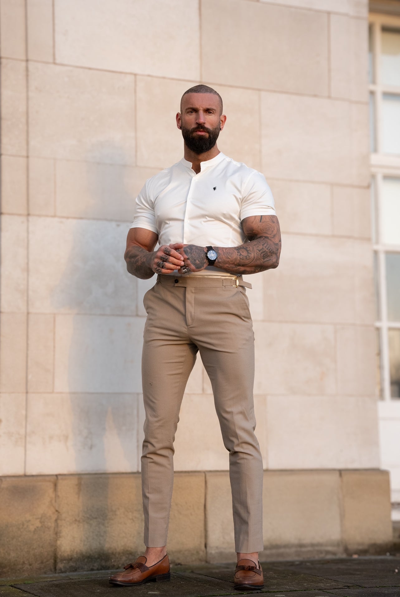 Super Slim Stretch Off White Side Panel Shirt Grandad Collar SS - FS1140