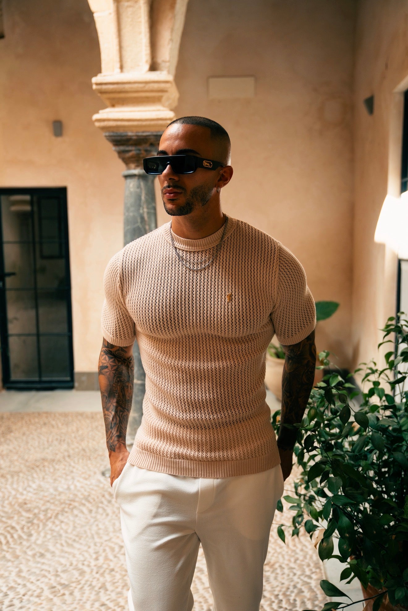 Beige Viscose Plain Knitted Short Sleeve T-Shirt - FSJ186 (PRE ORDER 12TH AUGUST)