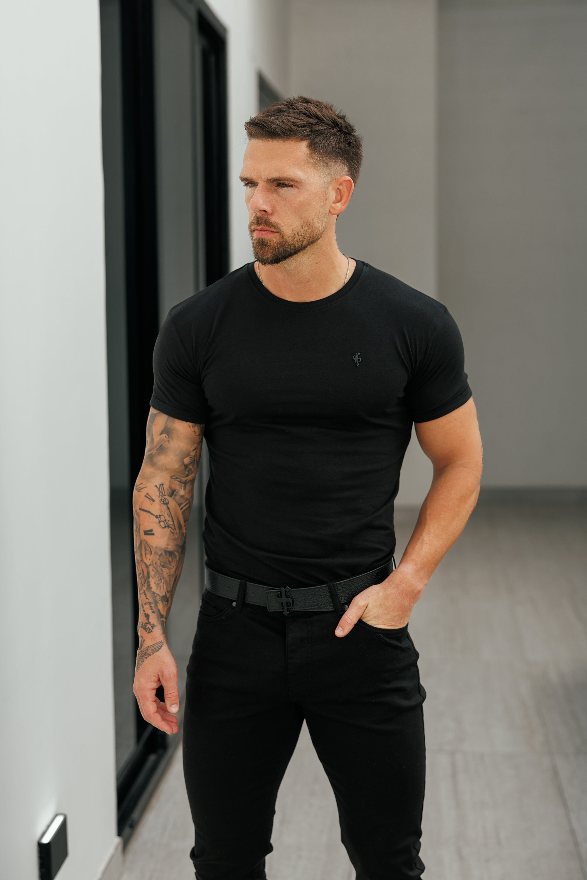 Black Crew Tshirt with Black Metal Emblem Decal FSH1454