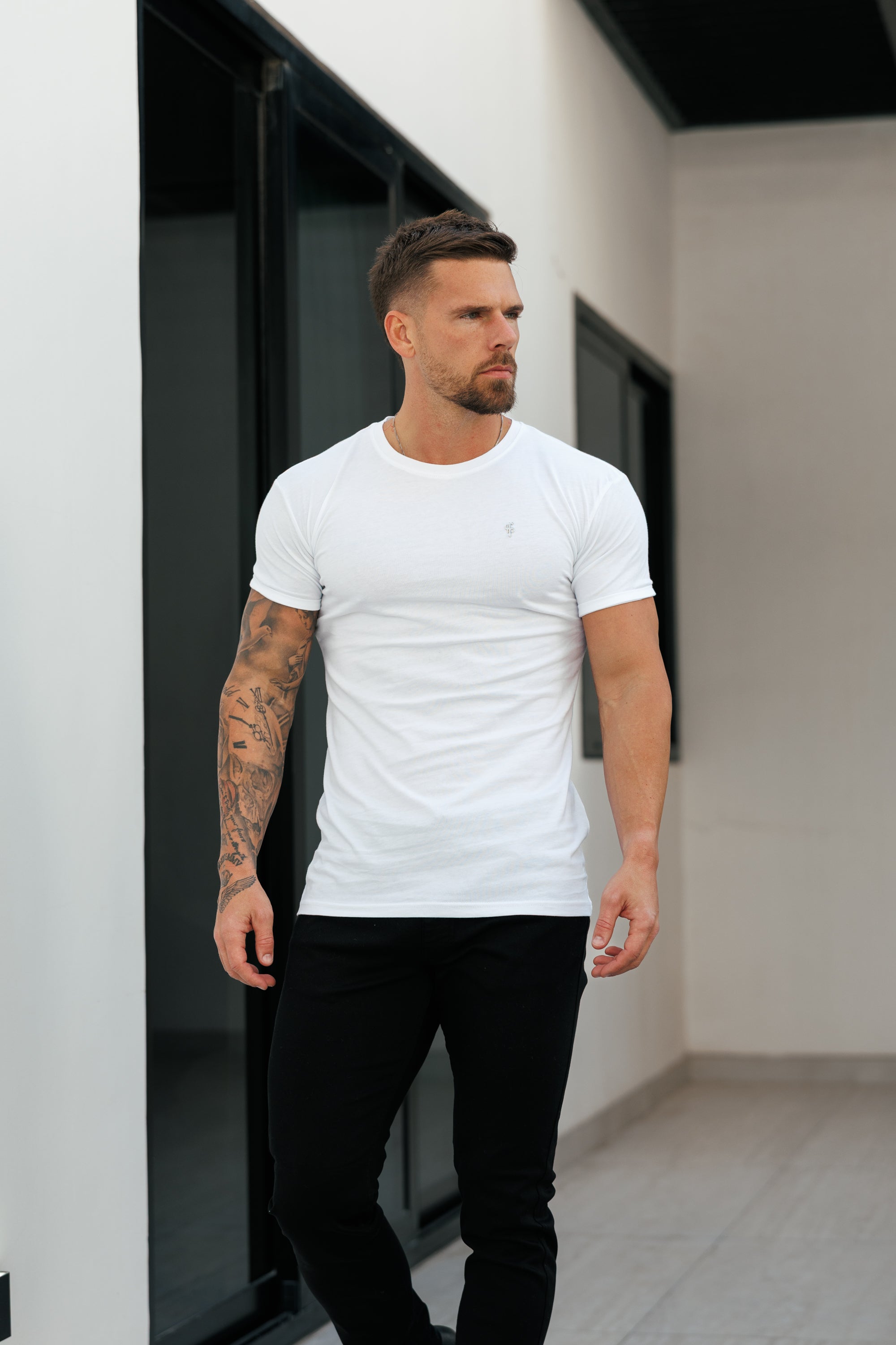 White / Silver Crew T-shirt with Silver Metal Emblem Decal FSH1453