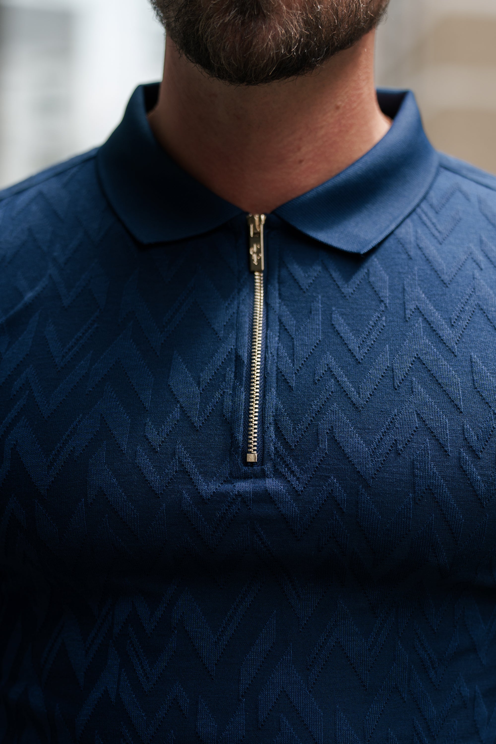 Classic Jacquard Navy Chevron Zipped Polo - FSR021
