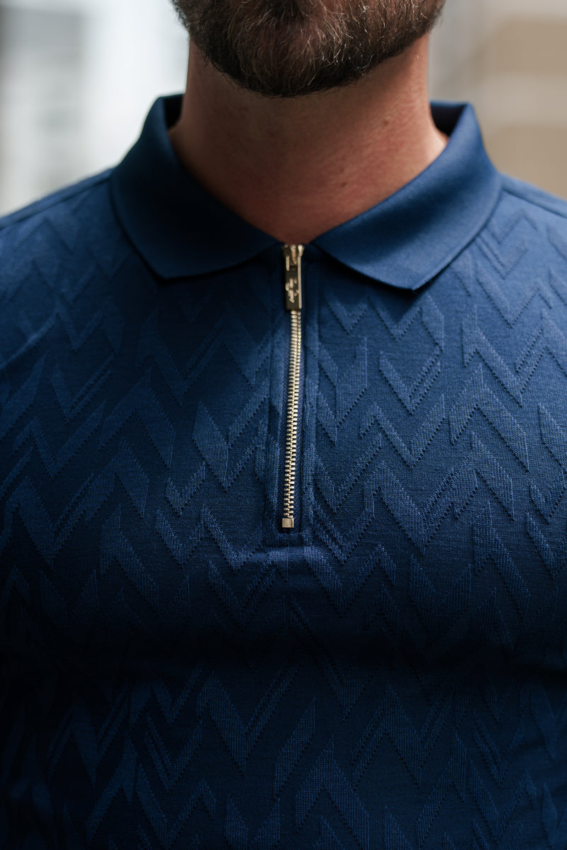 Father Sons Classic Jacquard Navy Chevron Zipped Polo - FSR021