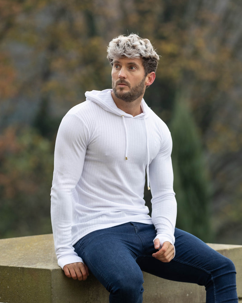 Father Sons Classic White Ribbed Knit Hoodie Sweater - FSH903