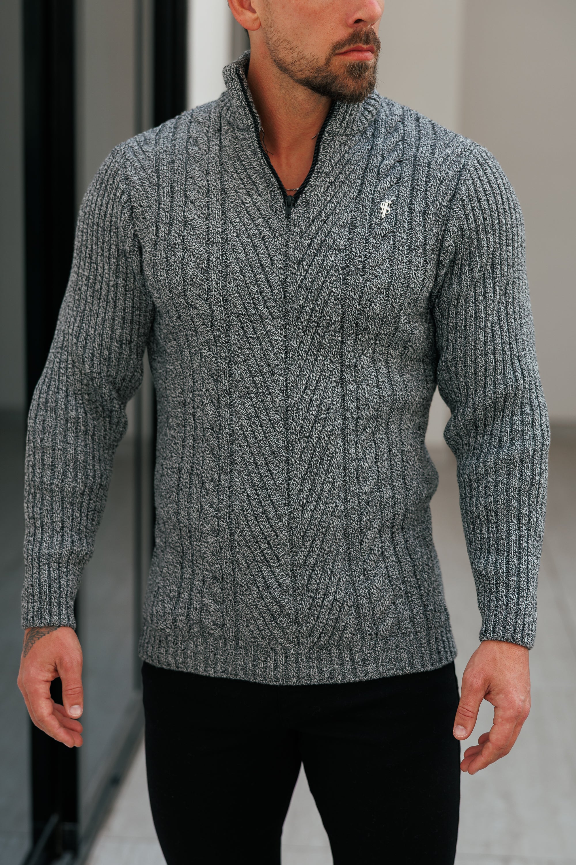 Funnel Neck Jumper with Quarter Zip Black / White Two Tone - FSJ154