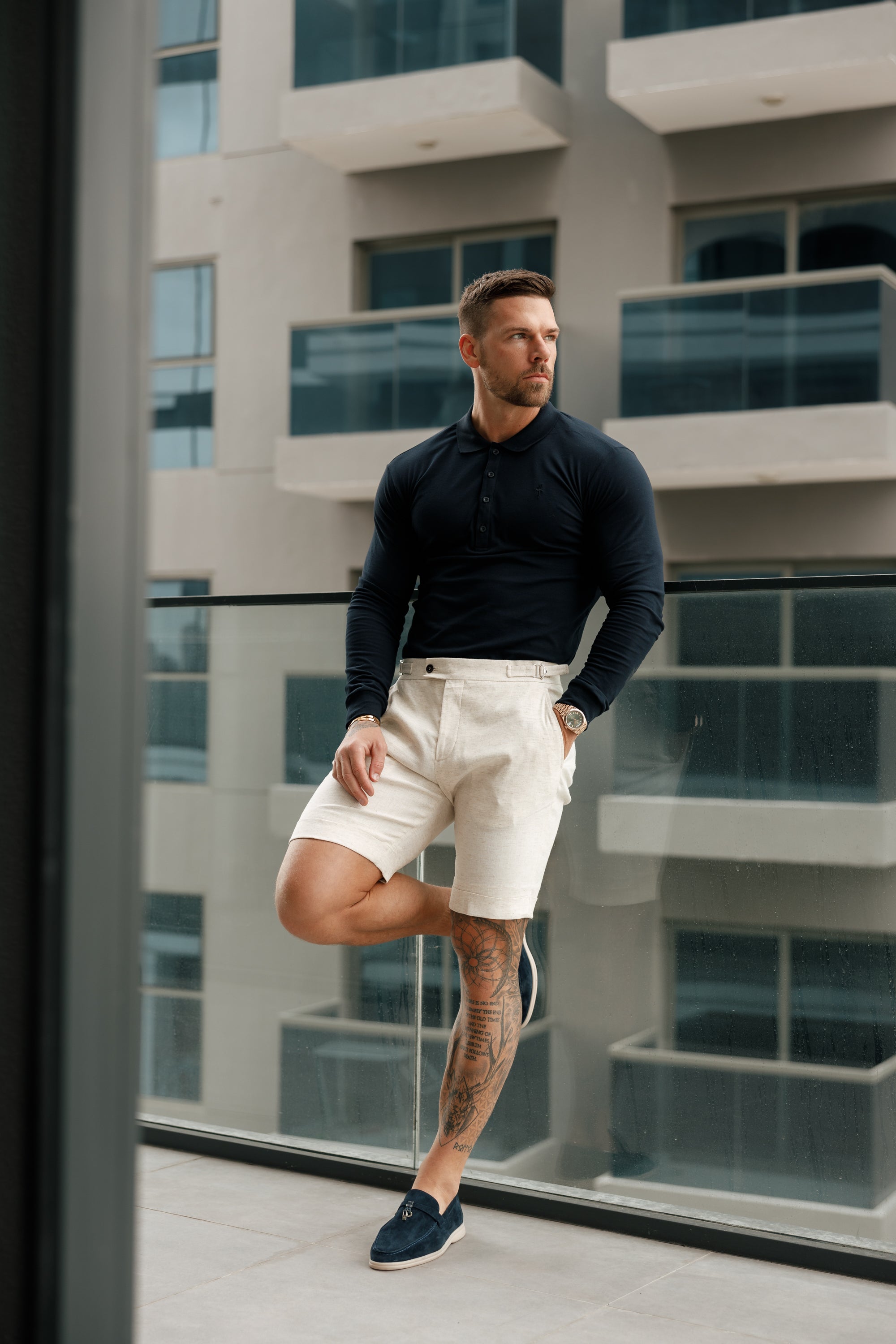 Classic Navy Tonal Polo Long Sleeve Shirt - FSH861