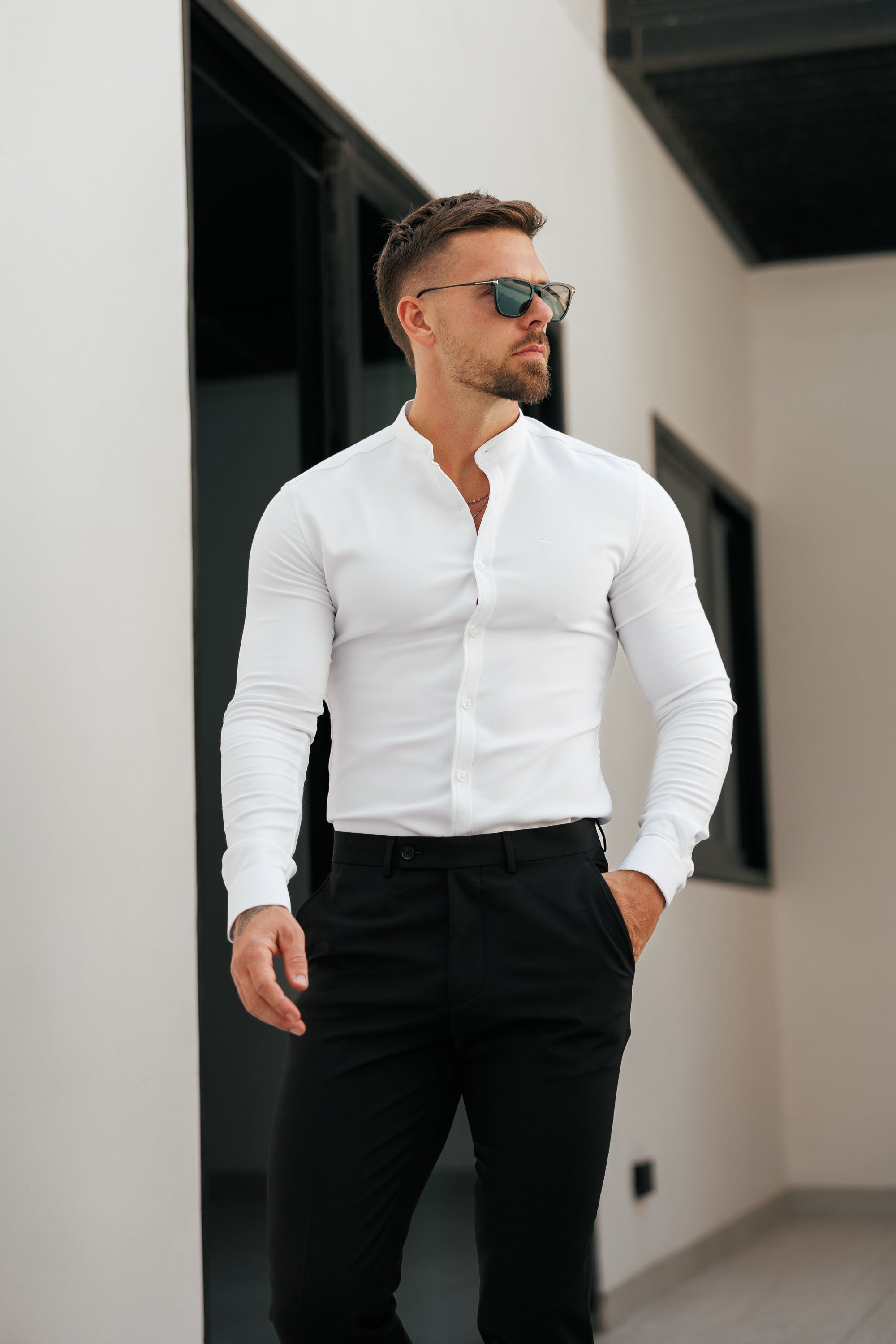 Super Slim Scuba White Long Sleeve Stretch with Grandad Collar - FS1170