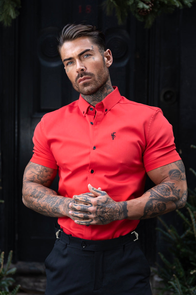 Father Sons Super Slim Denim Red Short Sleeve Stretch with Button Down Collar - FS1038