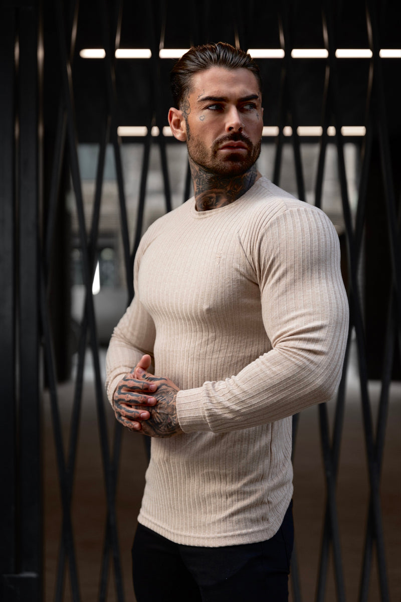 Father Sons Classic Beige Ribbed Knit Sweater With Tonal Embroidery - FSH950