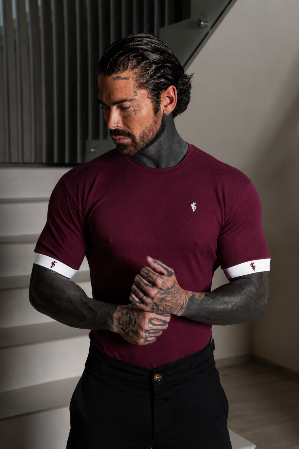 Classic Burgundy Crew T Shirt with FS Elastic Sleeve Branding - FSH1564