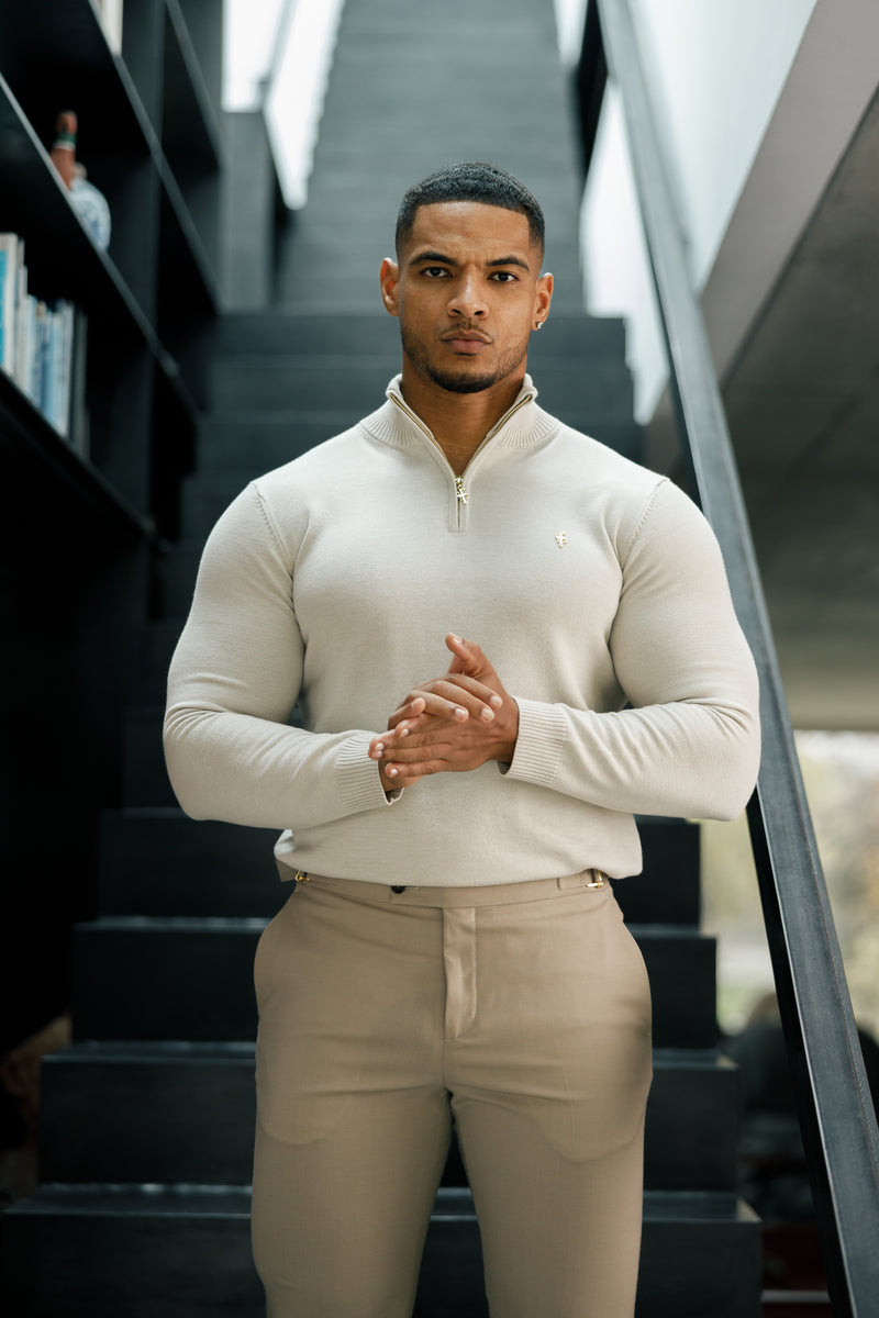 Father Sons Beige Funnel Neck 1/2 Zip Knitted Sweater - FSN118