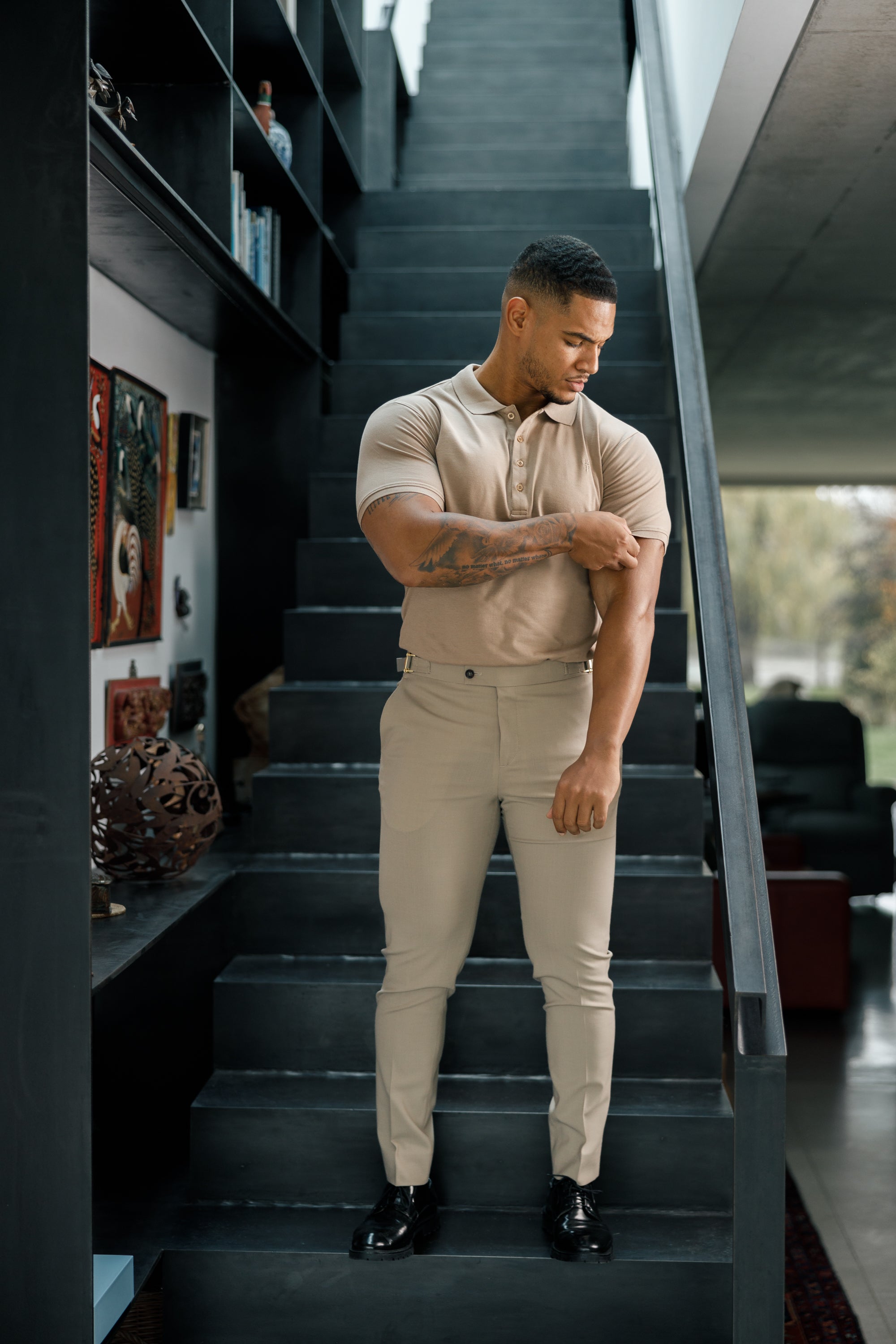 Classic Taupe Polo Shirt with Tonal Button and Embroidery - FSH913