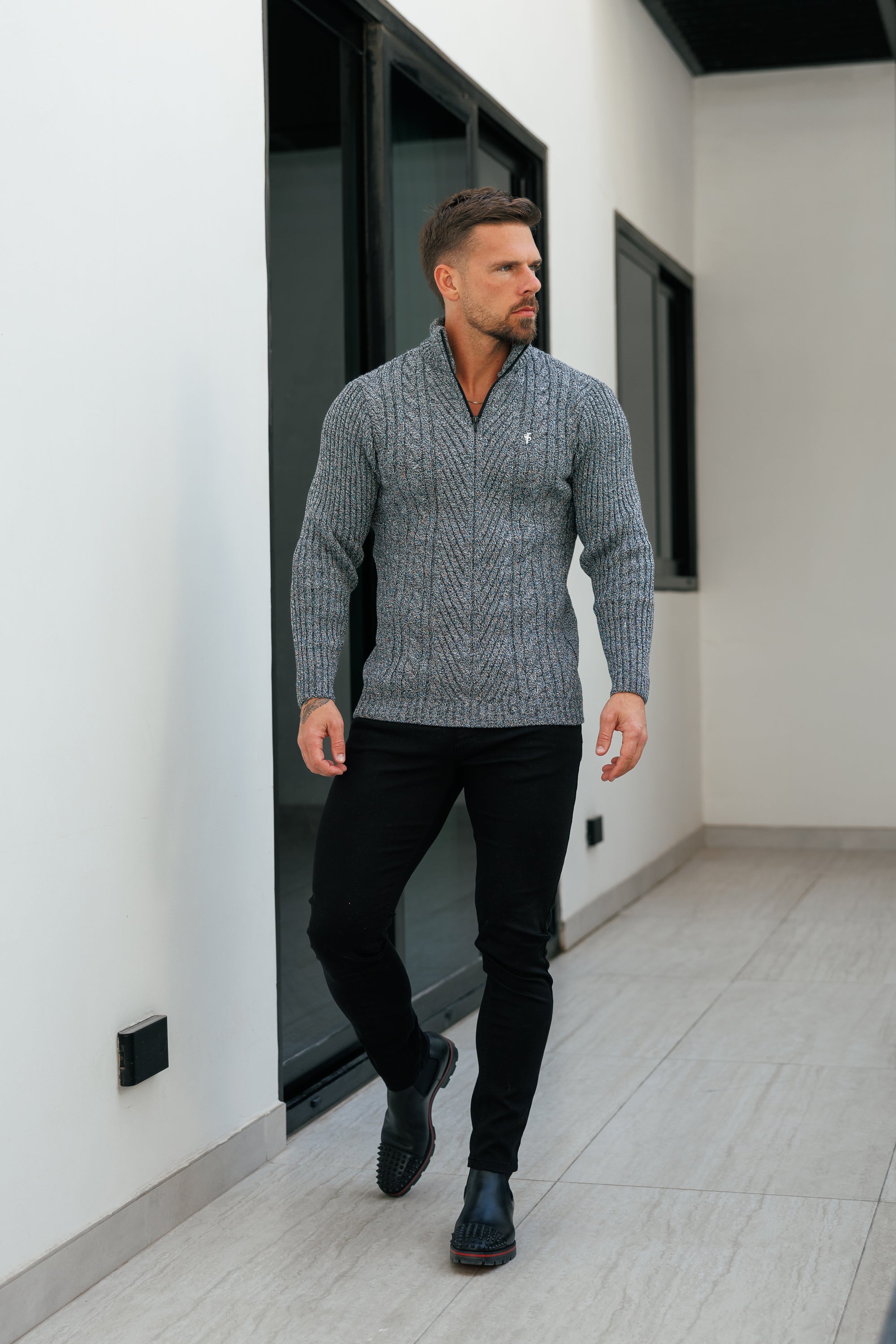 Funnel Neck Jumper with Quarter Zip Black / White Two Tone - FSJ154