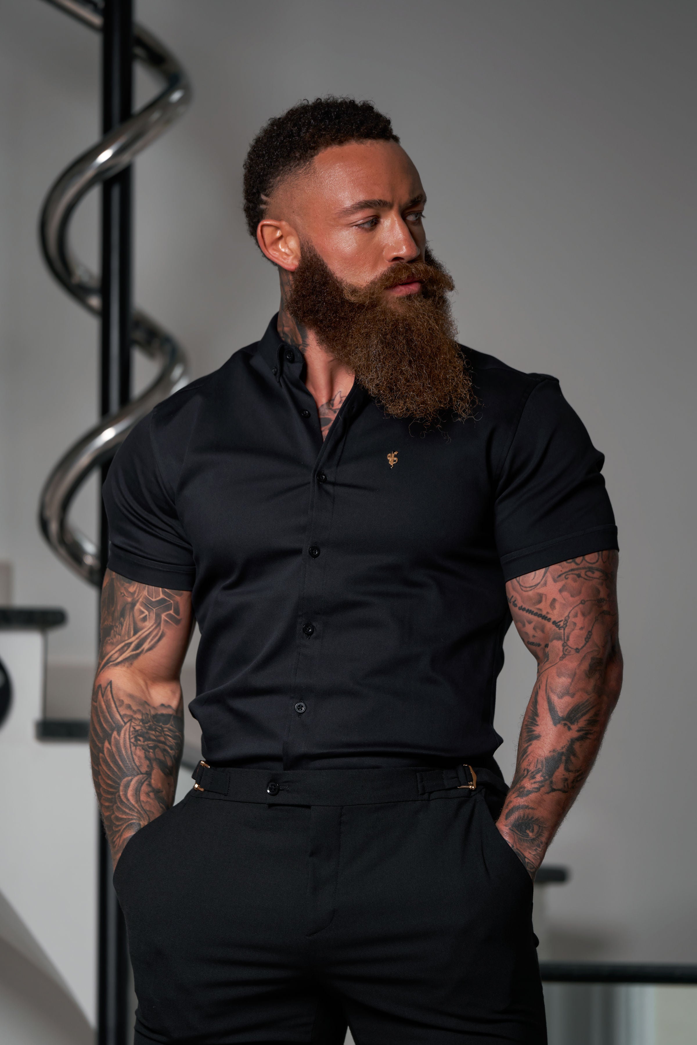 Slim Formal Black Stretch Trousers With Gold Waist Adjusters - FST041