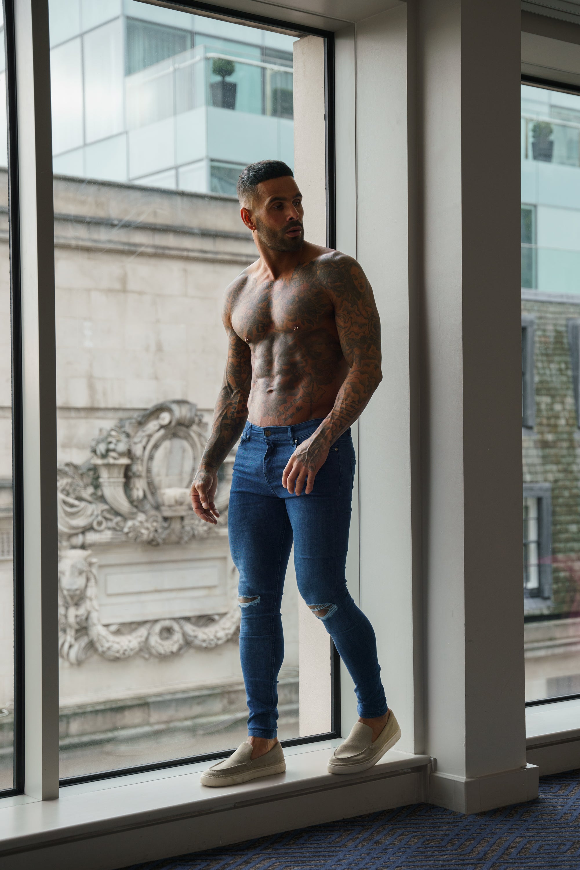 Ultra Stretch Mid Blue Slim Jeans with Knee Rips - FSJEAN011