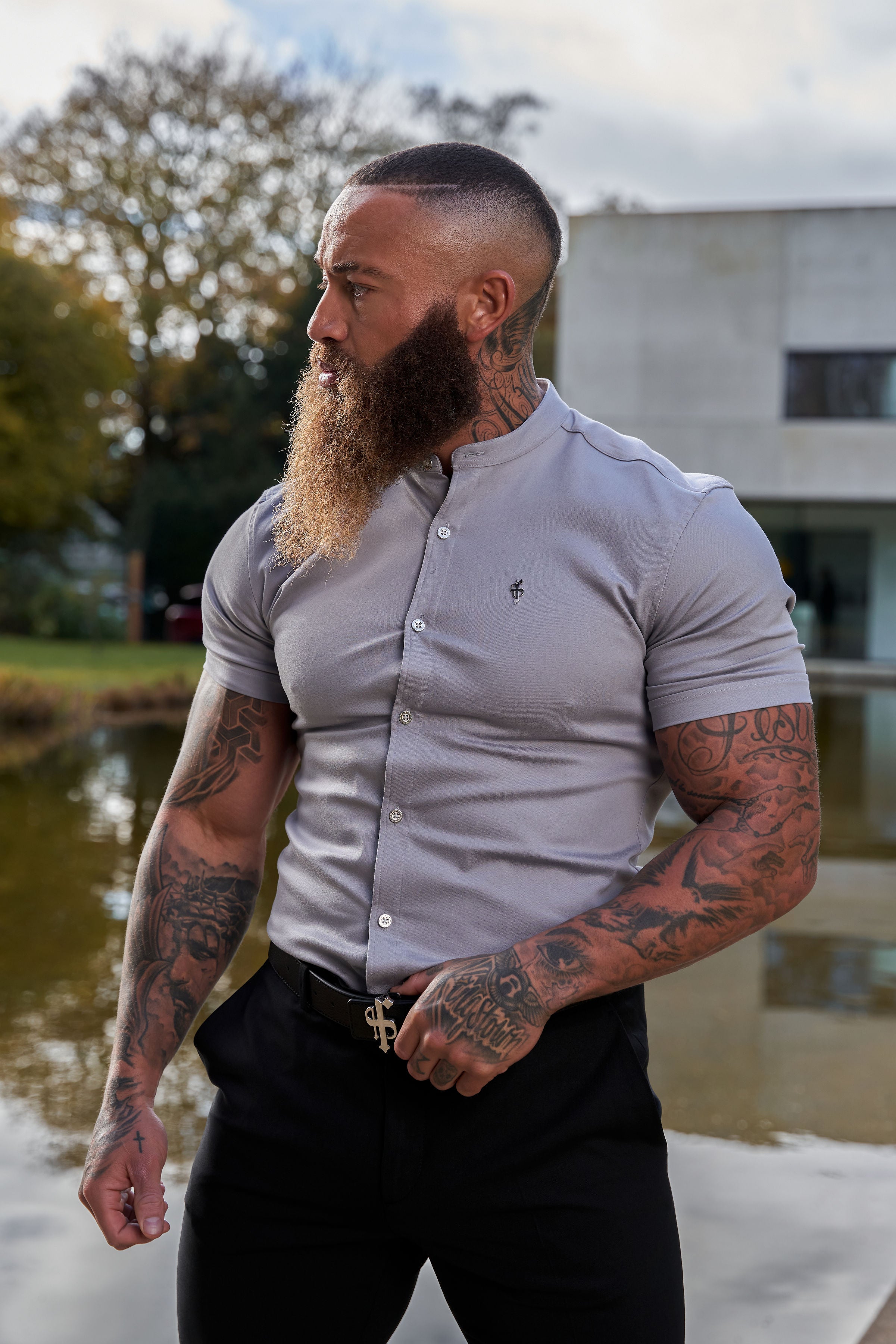 Super Slim Stretch Grey Denim Short Sleeve With Grandad Collar and Silver Metal Buttons and Decal  - FS963