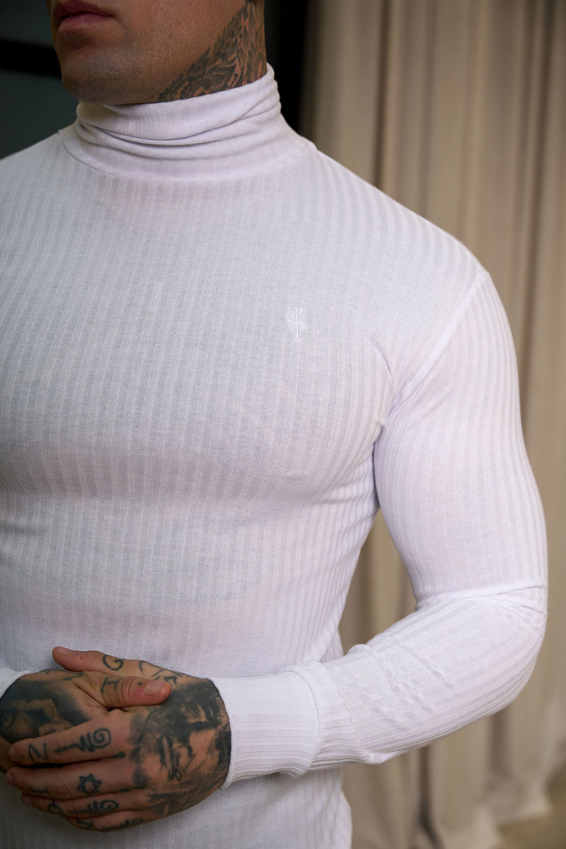 Father Sons Classic White Ribbed Knit Roll-neck Sweater - FSH592