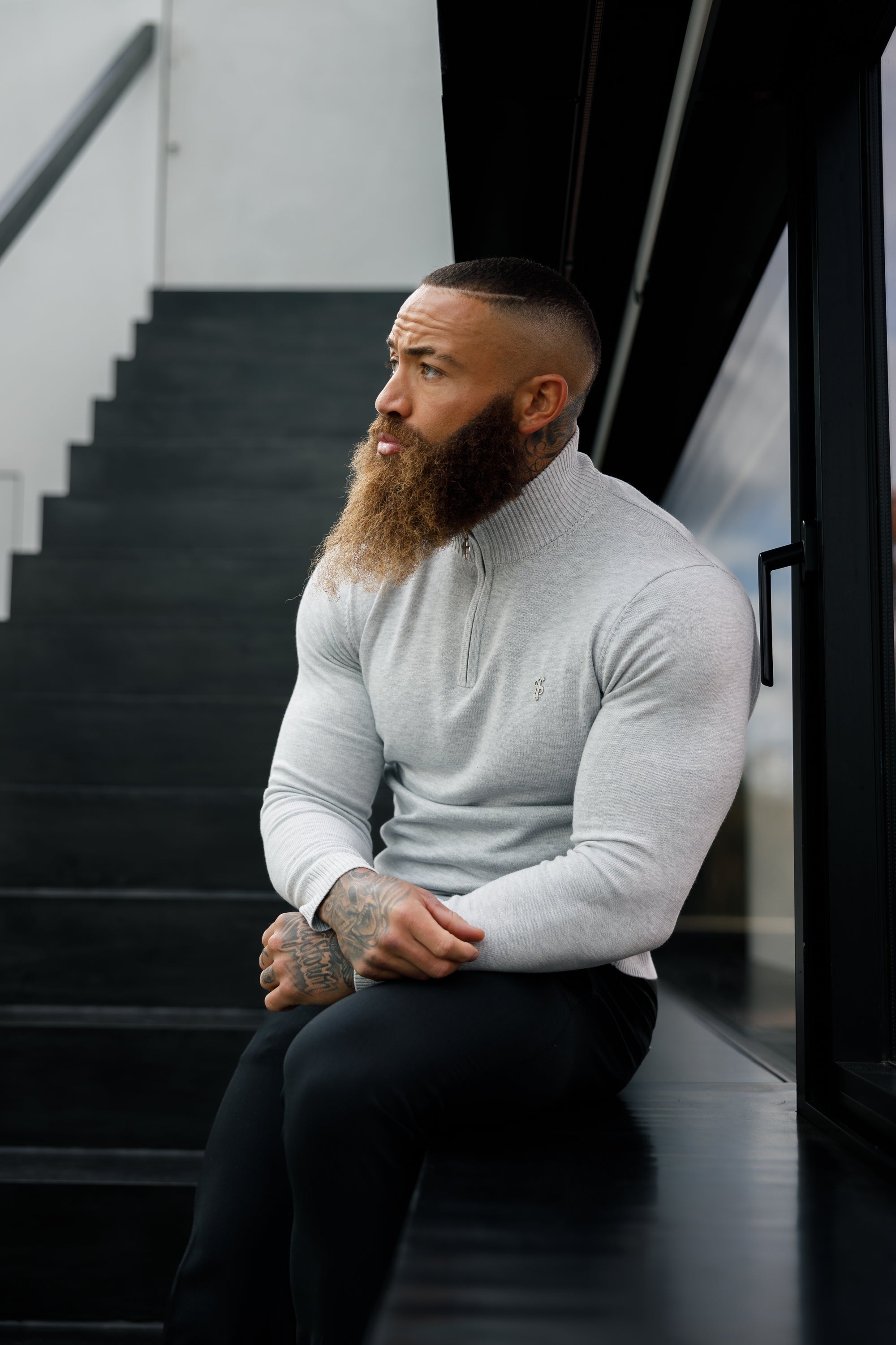 FS Light Grey Funnel Neck Knitted Jumper With FS Branding  - FSN193