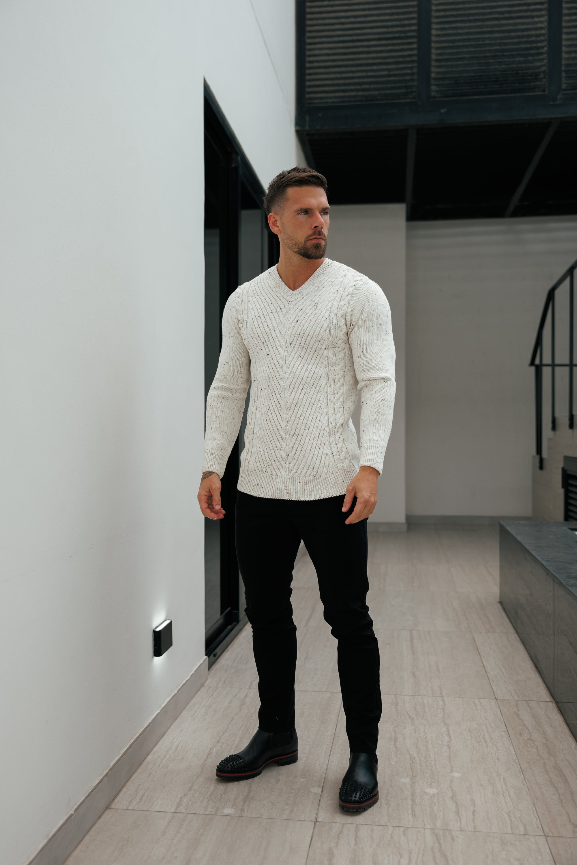 Chevron Front Beige Fleck V Neck Jumper - FSJ153