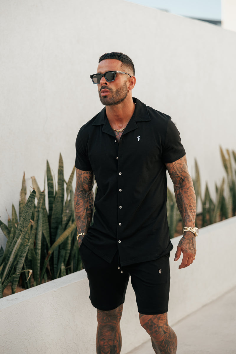 Father Sons Stretch Black / Silver Pique Revere Shirt Short Sleeve - FSH1355 (PRE ORDER 30TH MAY)
