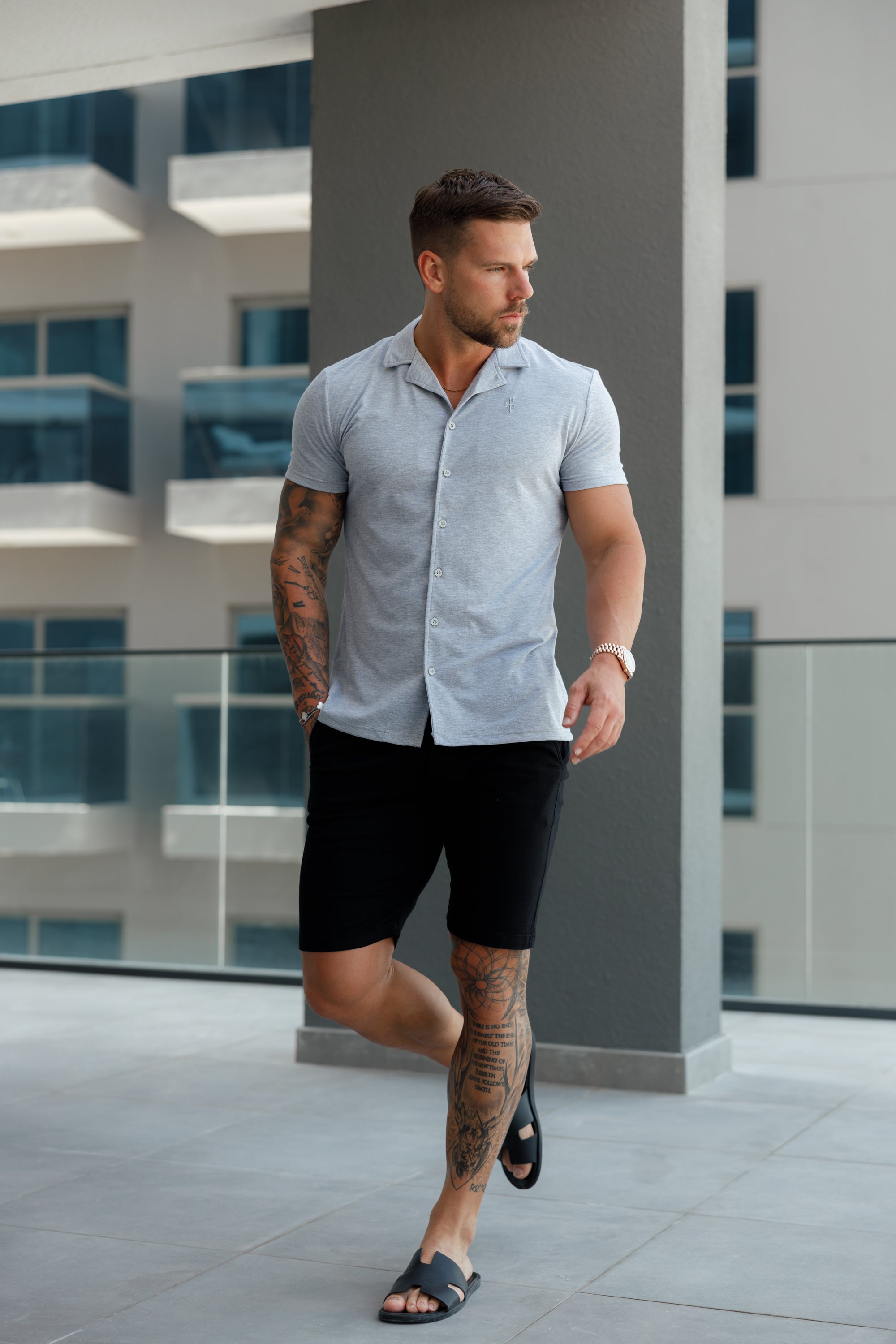 Stretch Light Grey Pique Revere Shirt Short Sleeve - FSH1072