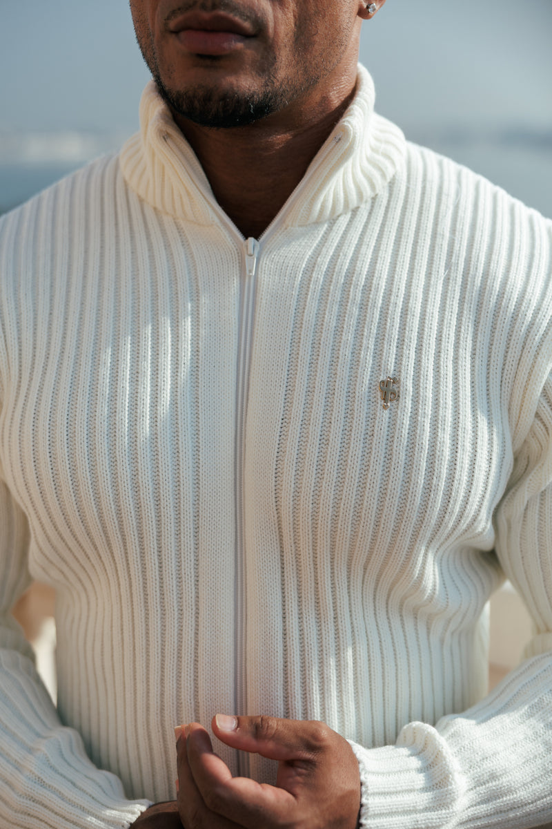 Father Sons Chunky Cream Ribbed Zipped Cardigan with Gold Emblem- FSJ096