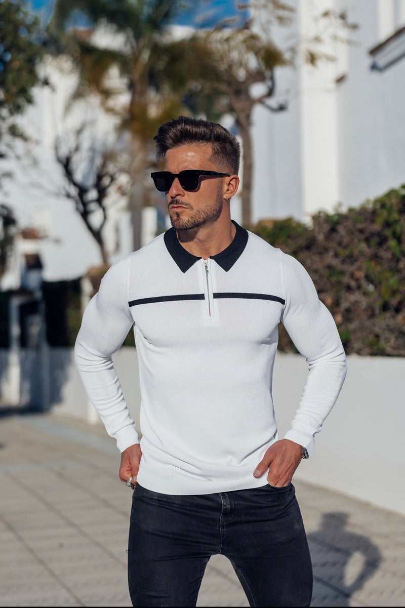 Father Sons Classic White / Black Horizontal Stripe Zipped Polo Long Sleeve - FSN050